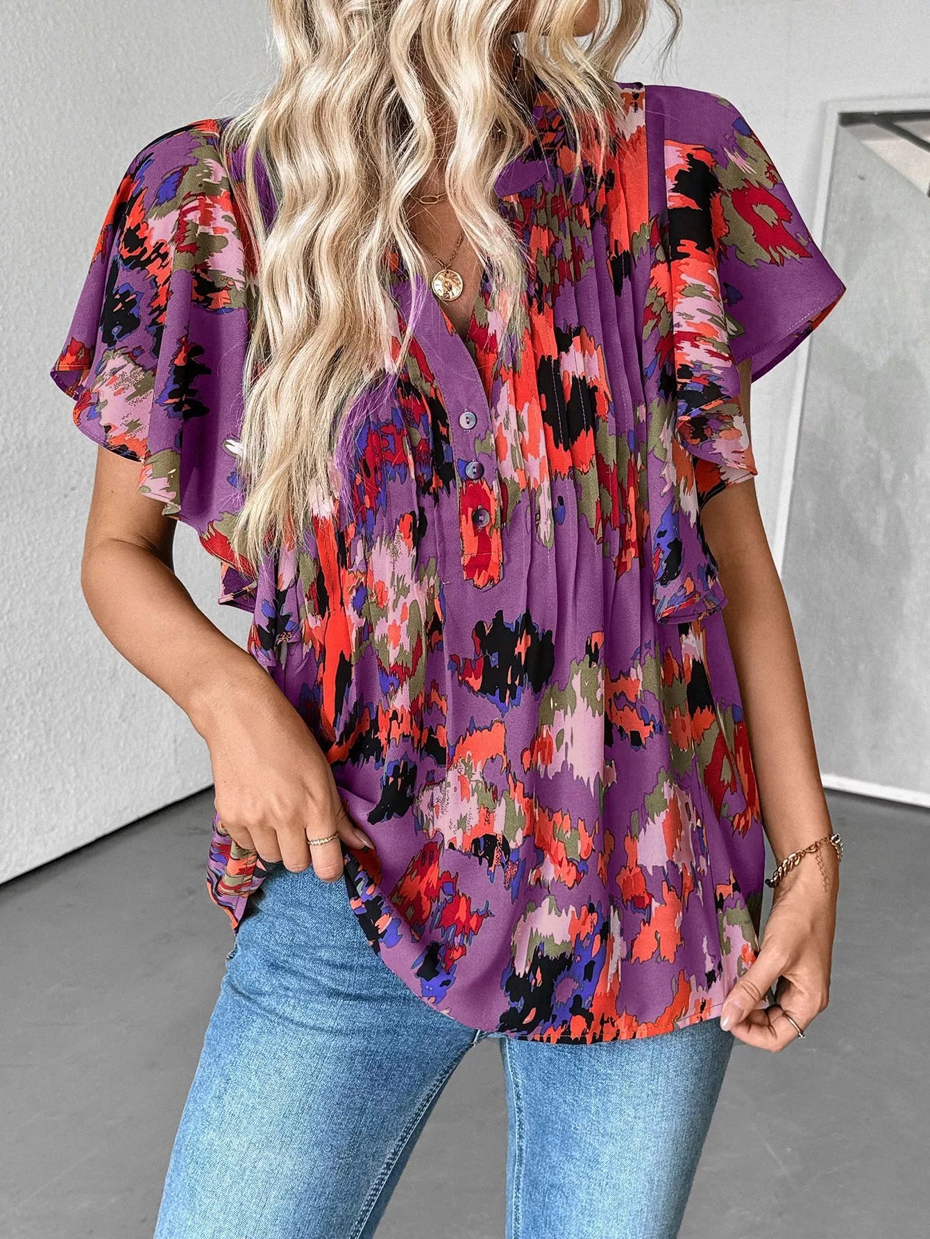 Abstract Print Flutter Sleeve Blouse