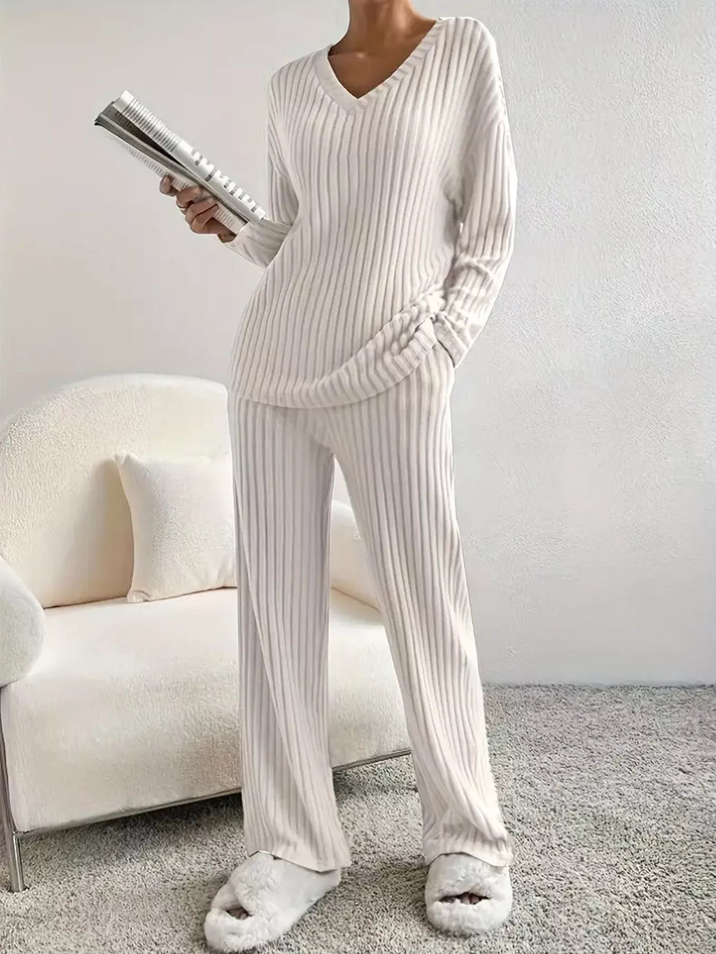Ribbed Knit V-Neck Top and Pants Set