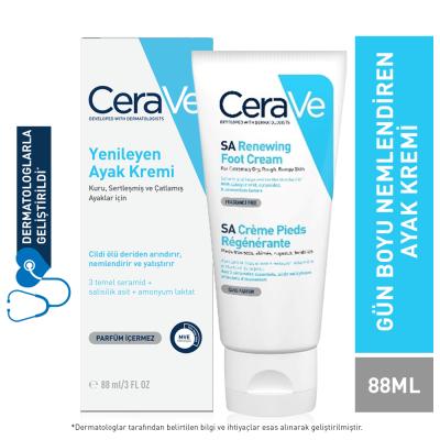 CeraVe SA Renewing Foot Cream - Exfoliates Dry, Cracked Feet with Salicylic Acid, Moisturizes, Fragrance-Free, Hypoallergenic - 88ml (2.96 fl oz)