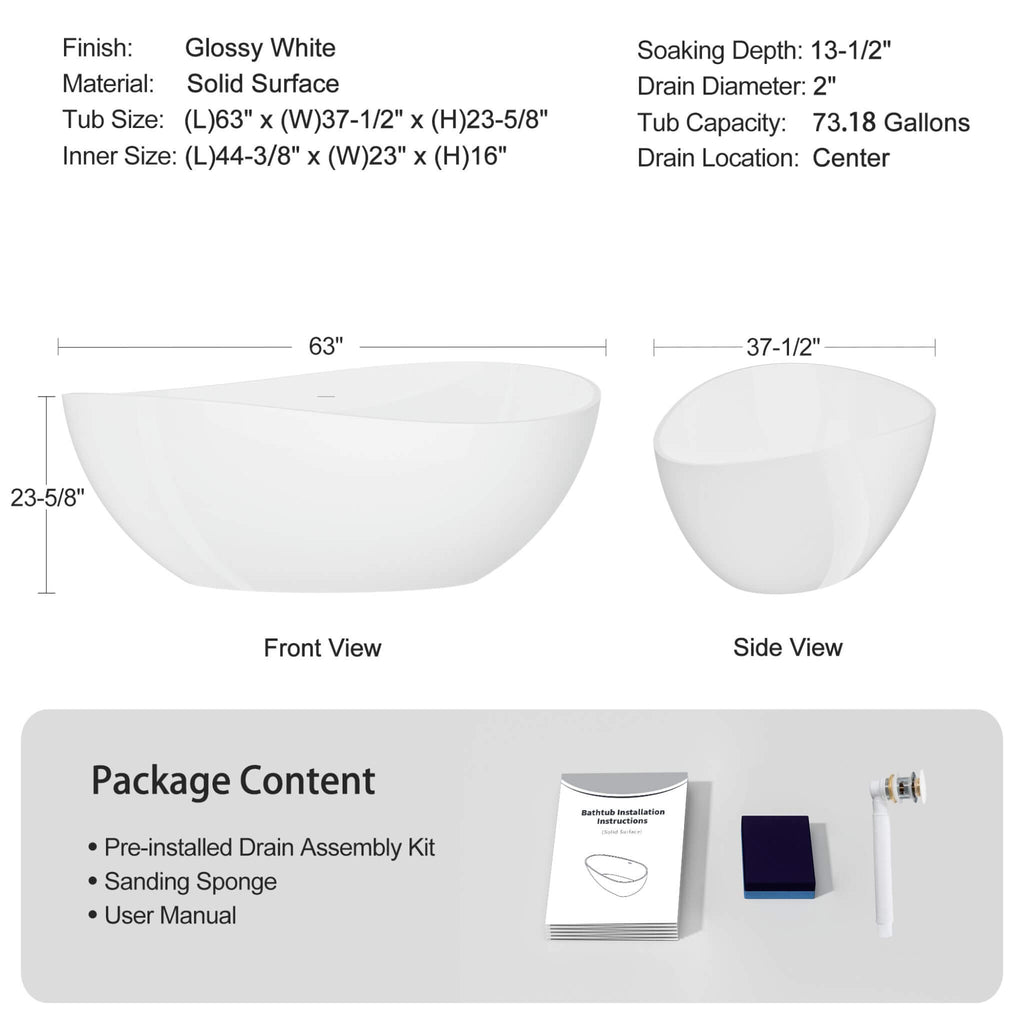 Nuvia 63-Inch Freestanding Glossy White Stone Resin Bathtub With Overflow And Drain (SAK42613) – SAKSBY WHOLESALE, view 9