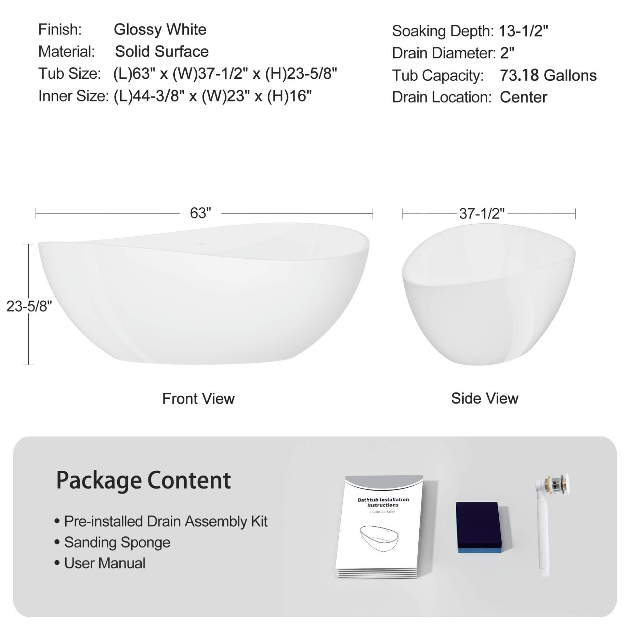 Nuvia 63-Inch Freestanding Glossy White Stone Resin Bathtub With Overflow And Drain (SAK42613) – SAKSBY WHOLESALE, view 9