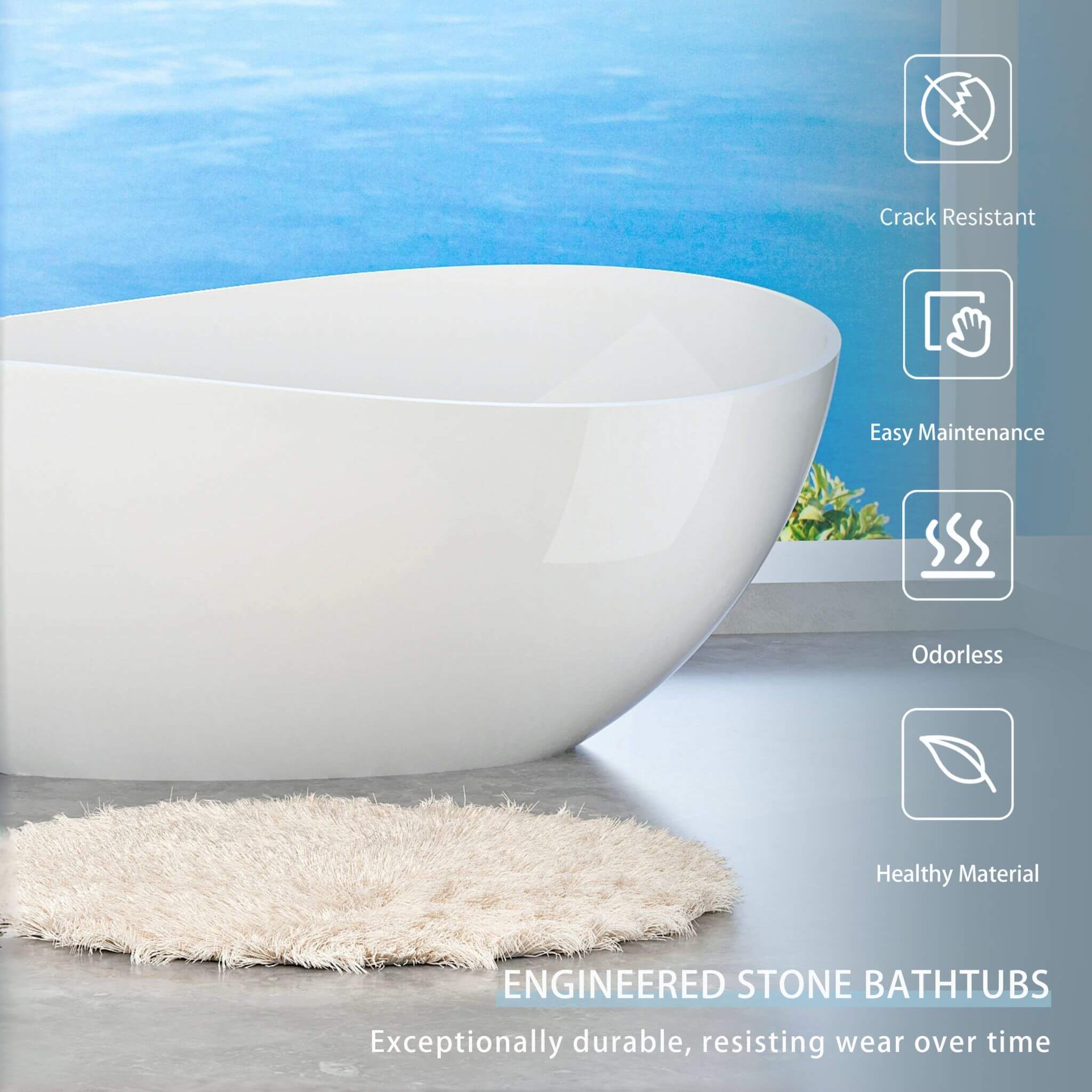 Nuvia 63-Inch Freestanding Glossy White Stone Resin Bathtub With Overflow And Drain (SAK42613) – SAKSBY WHOLESALE, view 7