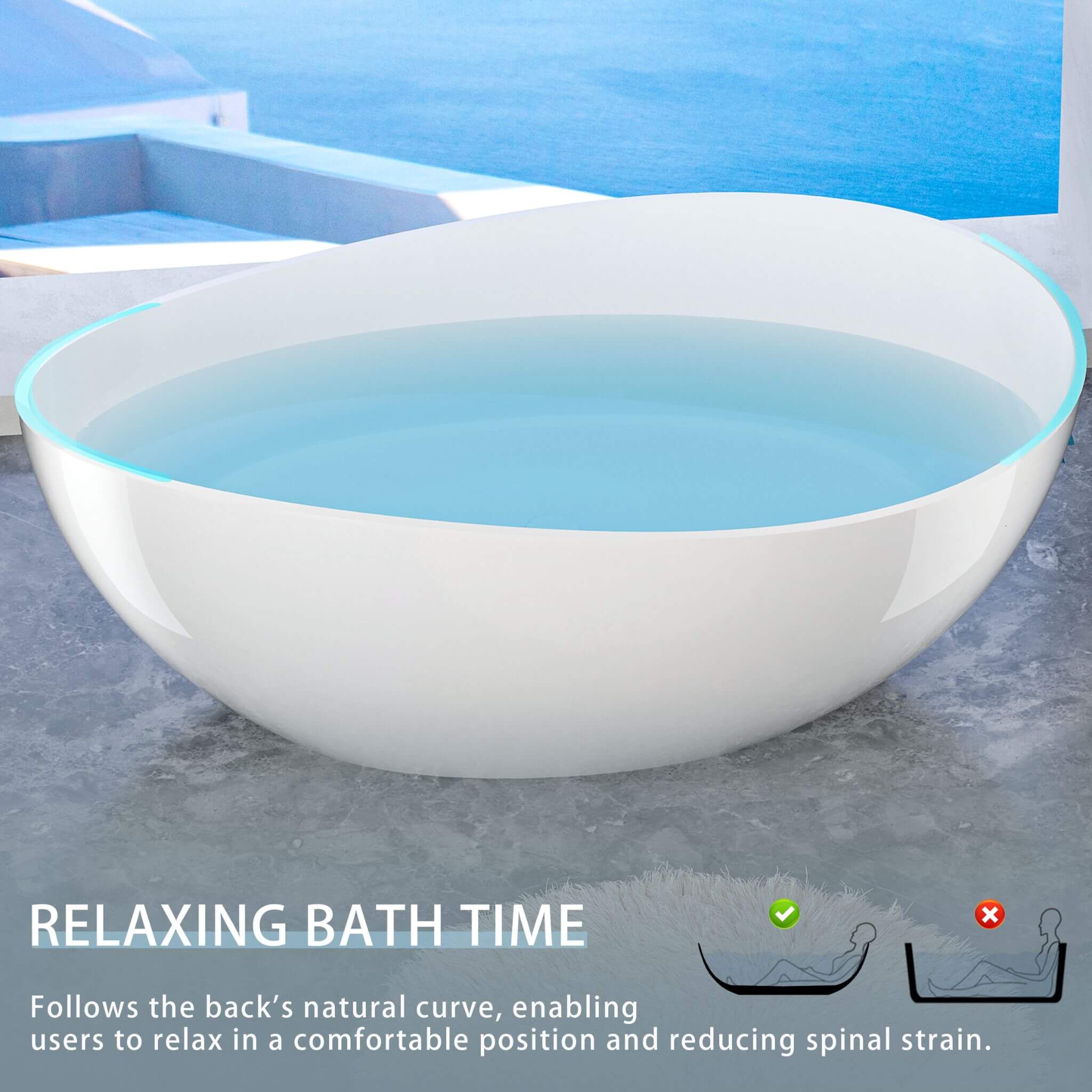 Nuvia 63-Inch Freestanding Glossy White Stone Resin Bathtub With Overflow And Drain (SAK42613) – SAKSBY WHOLESALE, view 4