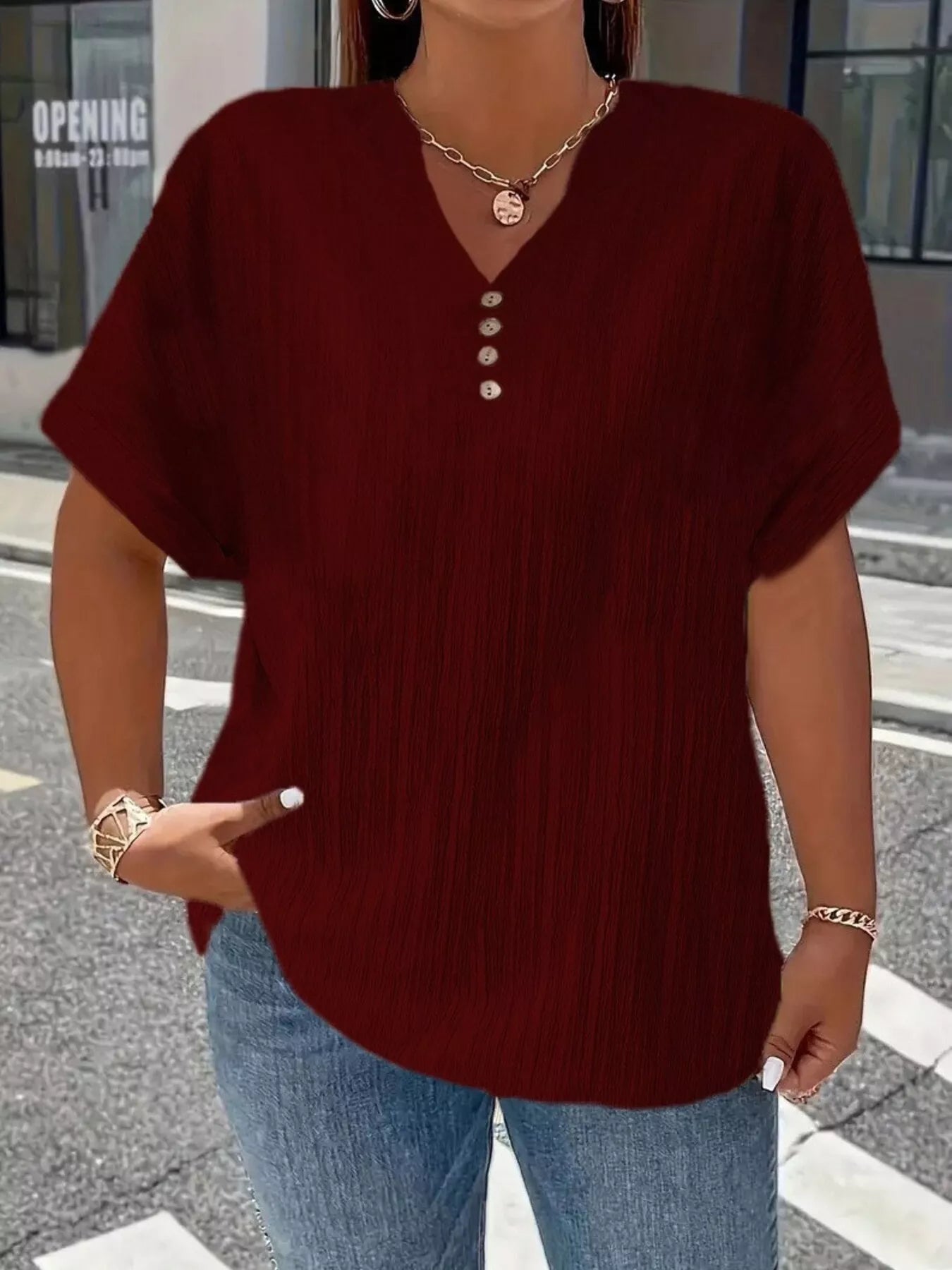Plus Size Notched Short Sleeve Textured Top