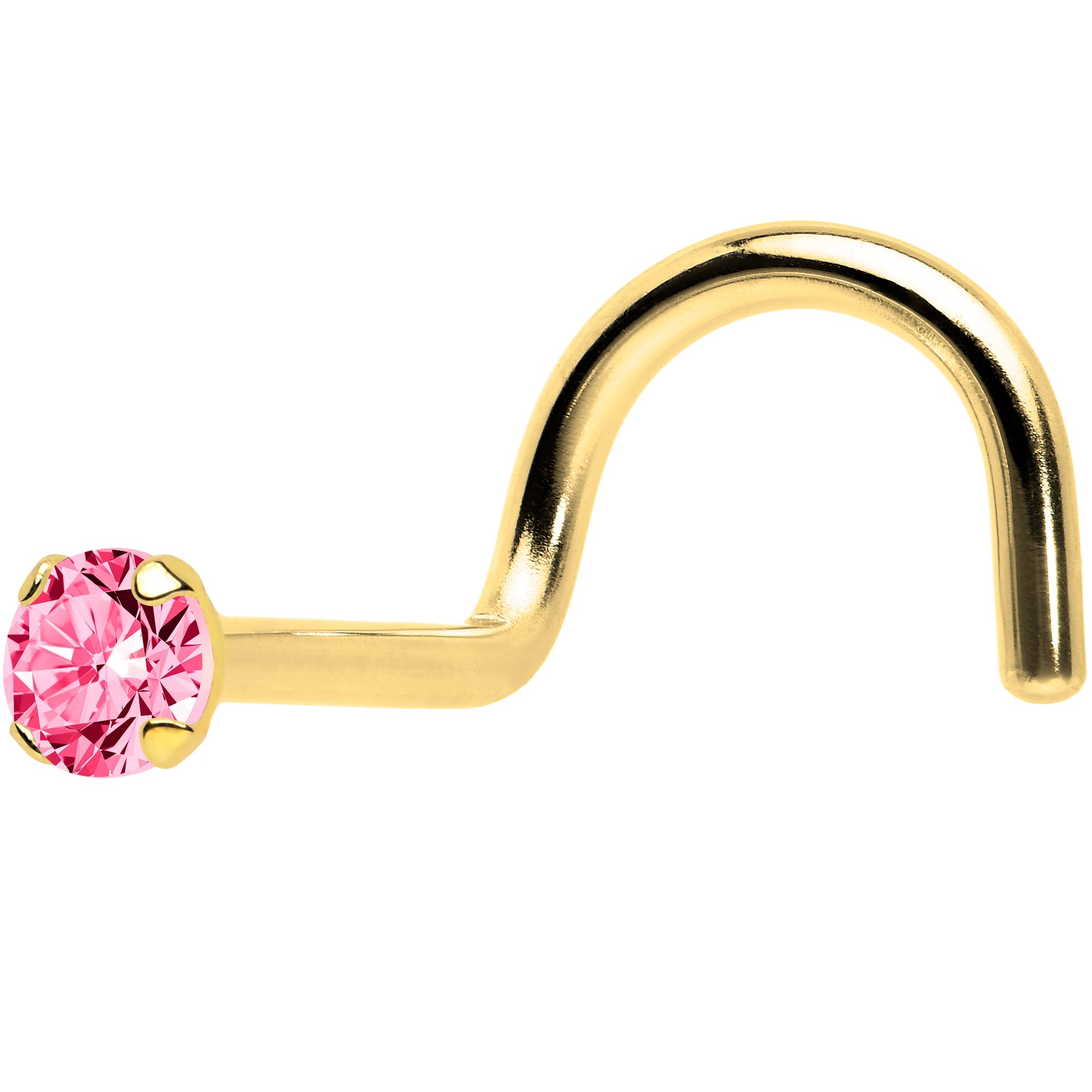 BodyCandy Solid 14K Yellow Gold 2mm Pink Cubic Zirconia Solitiare Nose Ring — detail close-up