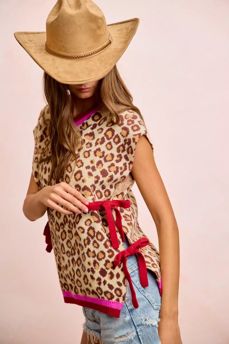 BiBi Leopard Pattern Side Tied Sweater Vest Top