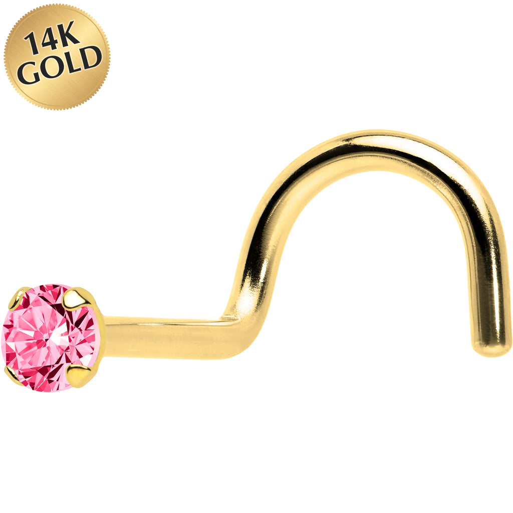 BodyCandy Solid 14K Yellow Gold 2mm Pink Cubic Zirconia Solitiare Nose Ring — main product shot