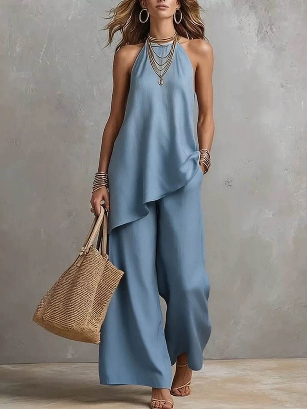 Full Size Asymmetrical Hem Cami and Wide Leg Pants Set Plus Size