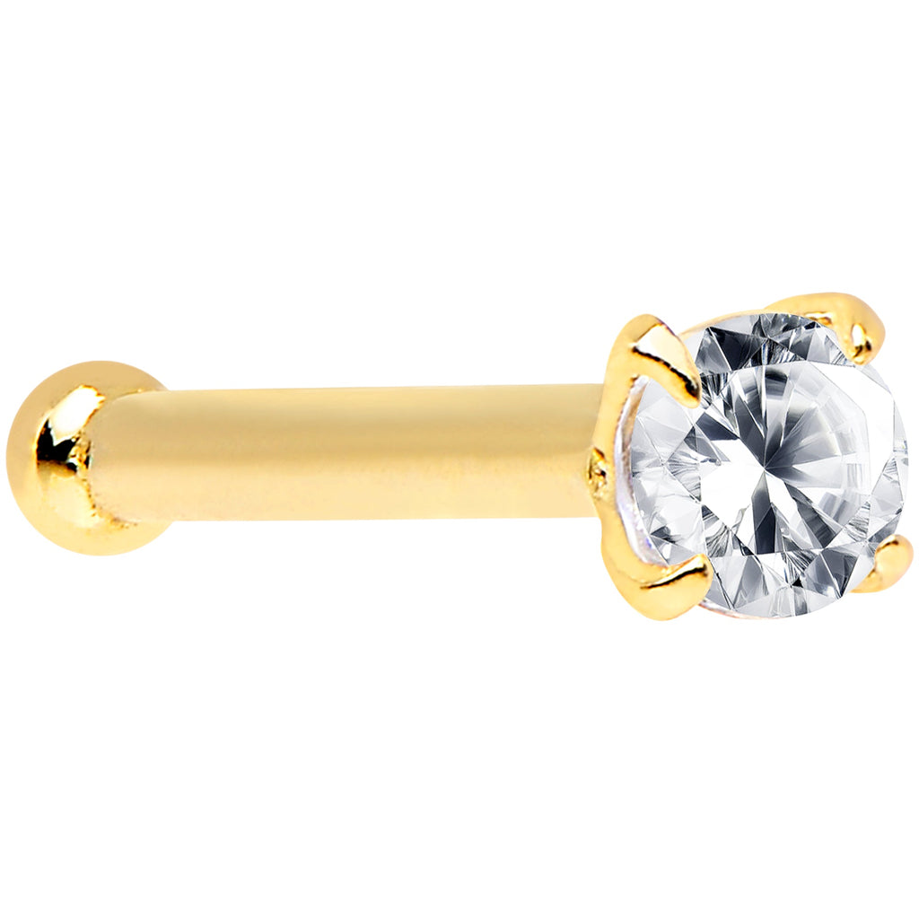 BodyCandy 20G 1/4 14k Solid Yellow Gold Clear 2mm Cubic Zirconia Nose Bone — detail close-up