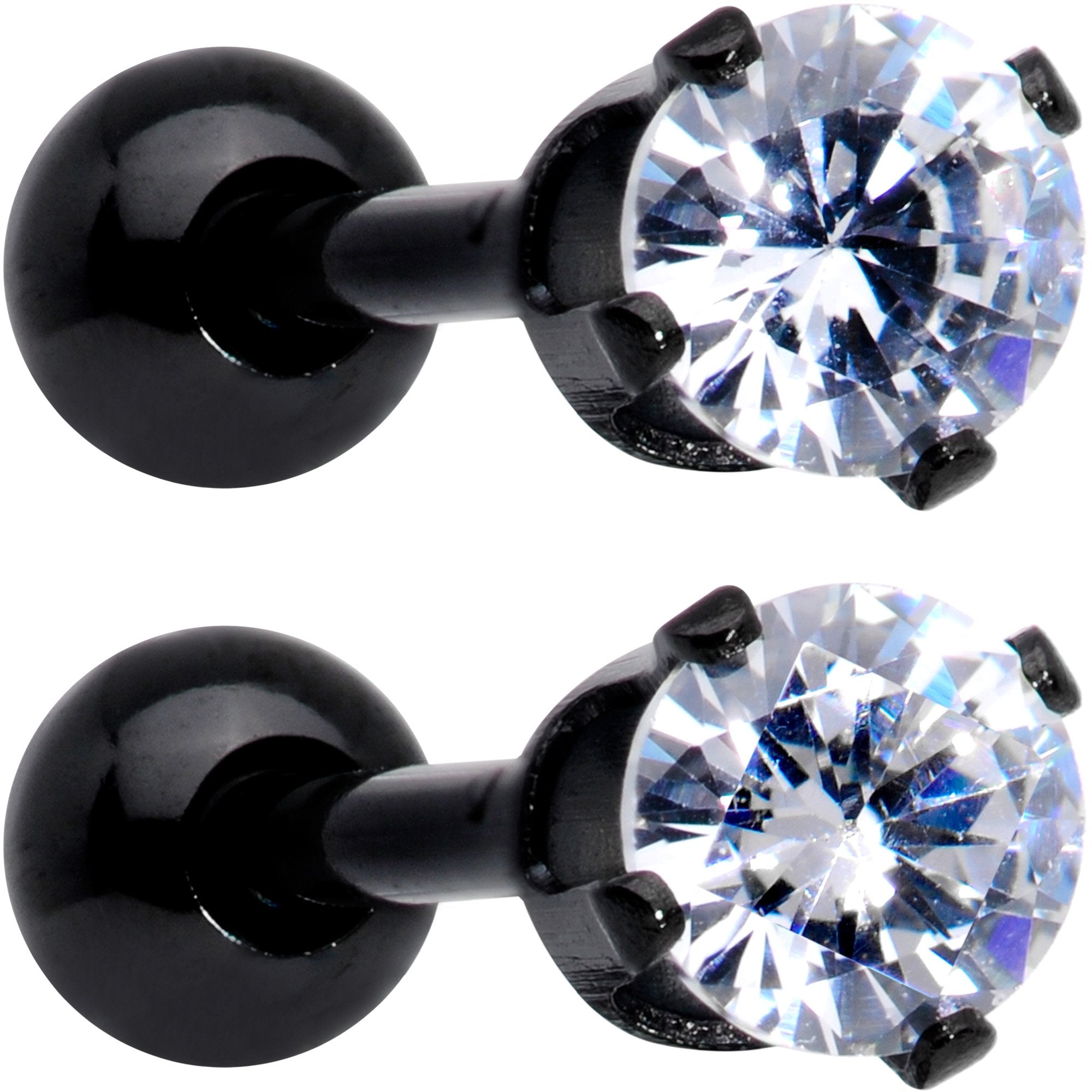 BodyCandy 16G 3/8 Clear Gem Black Anodized Titanium Cartilage Tragus Earring 2 Pack Set — detail and construction
