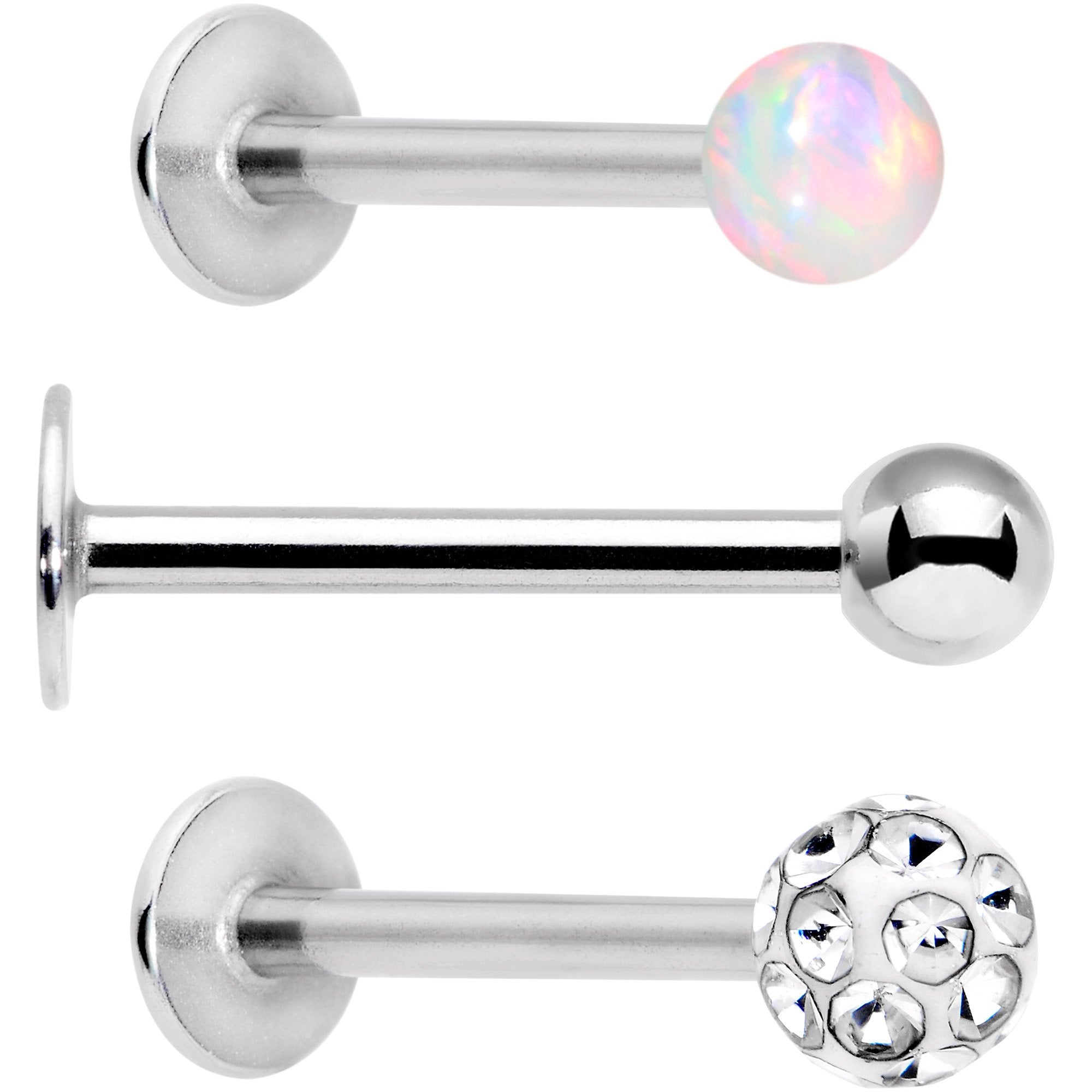 BodyCandy 16G 3/8 White Faux Opal Ball Labret Monroe Tragus 3 Pack Set — main product shot