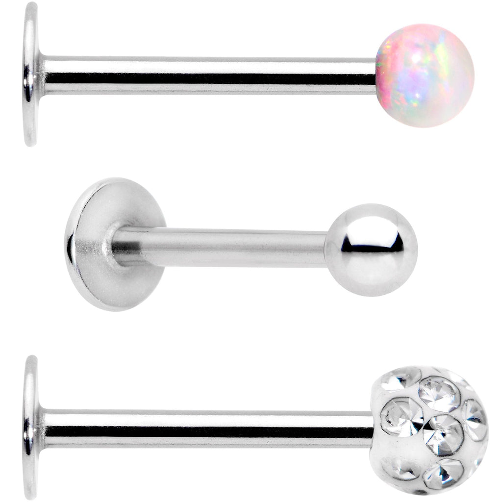 BodyCandy 16G 3/8 White Faux Opal Ball Labret Monroe Tragus 3 Pack Set — detail and construction
