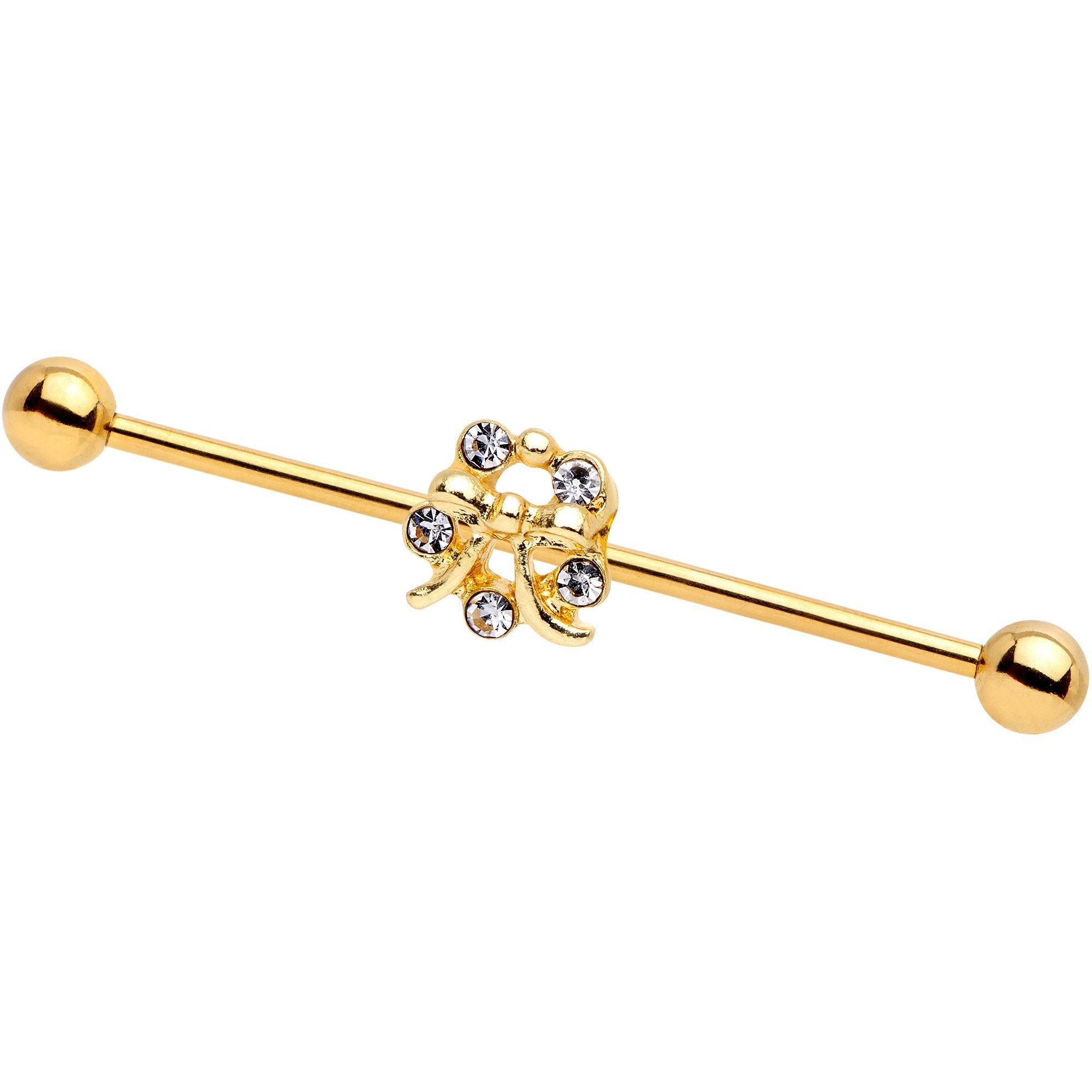 BodyCandy 14G Clear Gem Gold PVD Halo Pretty Bow Industrial Barbell 38mm — main product shot