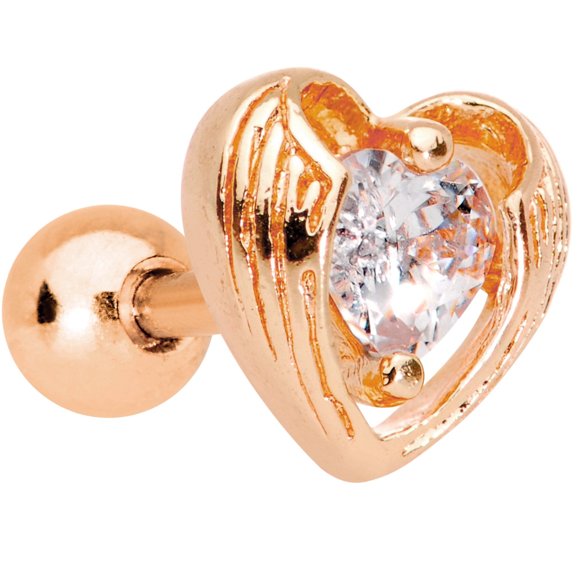 BodyCandy Clear CZ Gem Rose Gold Plated Hugged Heart Cartilage Tragus Earring — main product shot