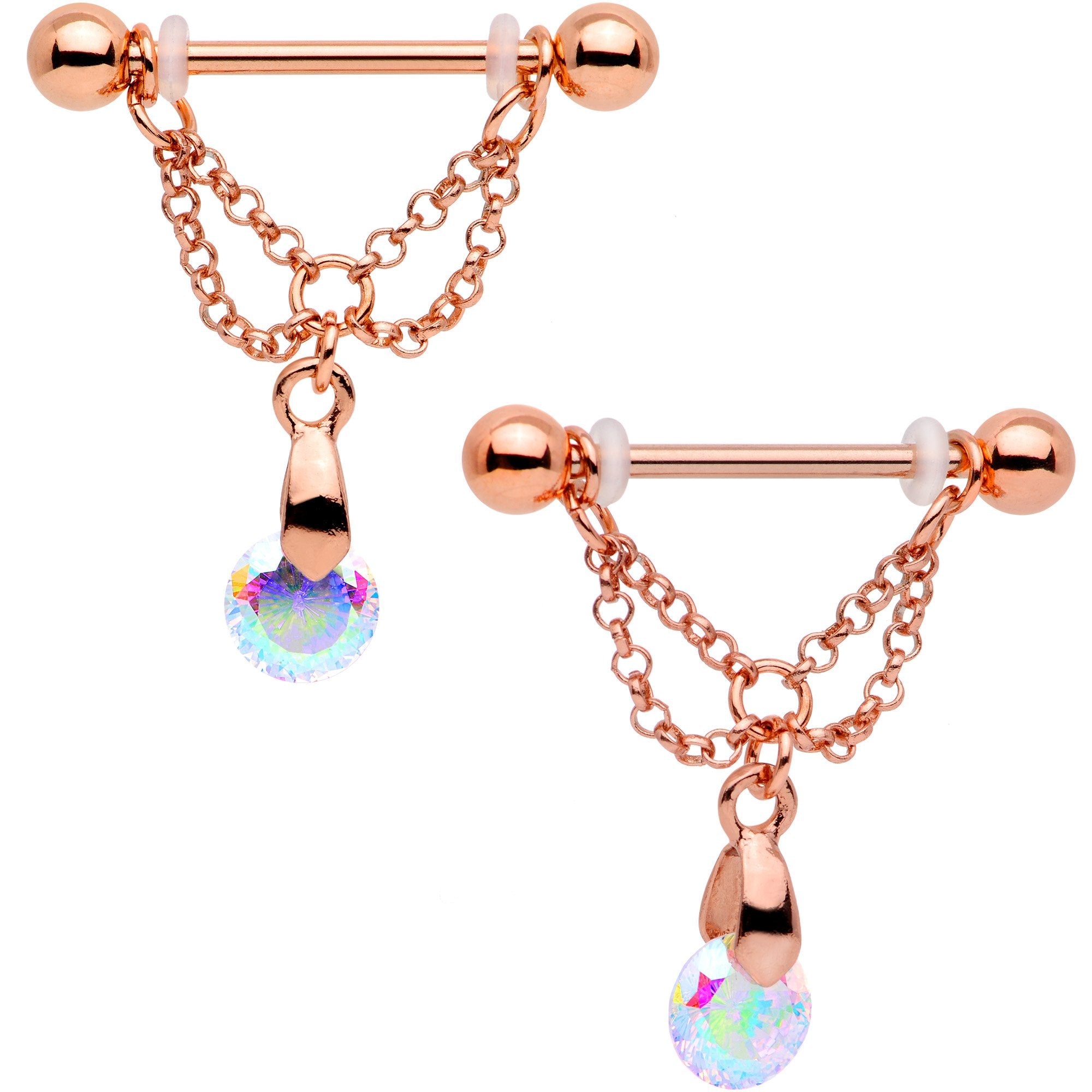 BodyCandy Aurora Gem Rose Gold PVD Droplet Chain Dangle Barbell Nipple Ring Set — main product shot