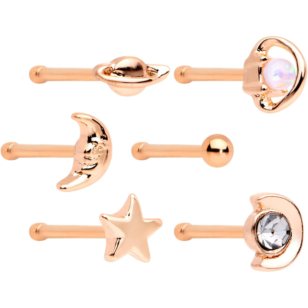 BodyCandy White Faux Opal Rose Gold PVD Out of This World Nose Bone 6 Pack Set — main product shot