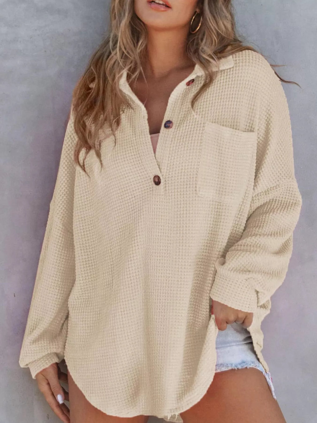 Waffle Knit Button Detail T-Shirt with Pocket