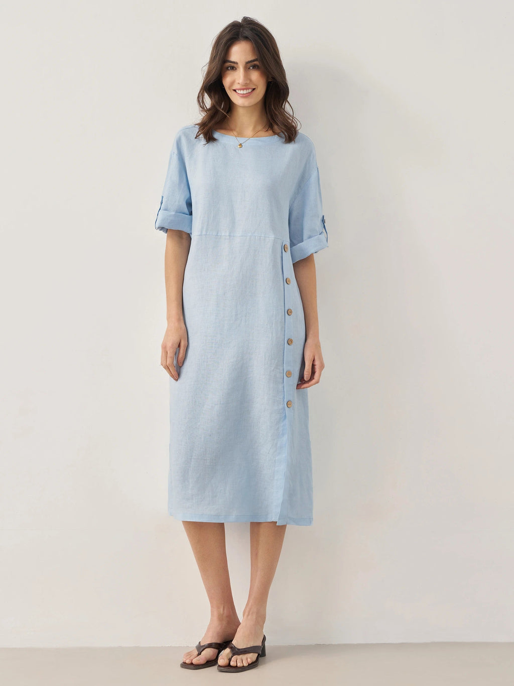 LINTICO 100% Linen Round Neck Button Detail Midi Dress JELENA — detail shot 9