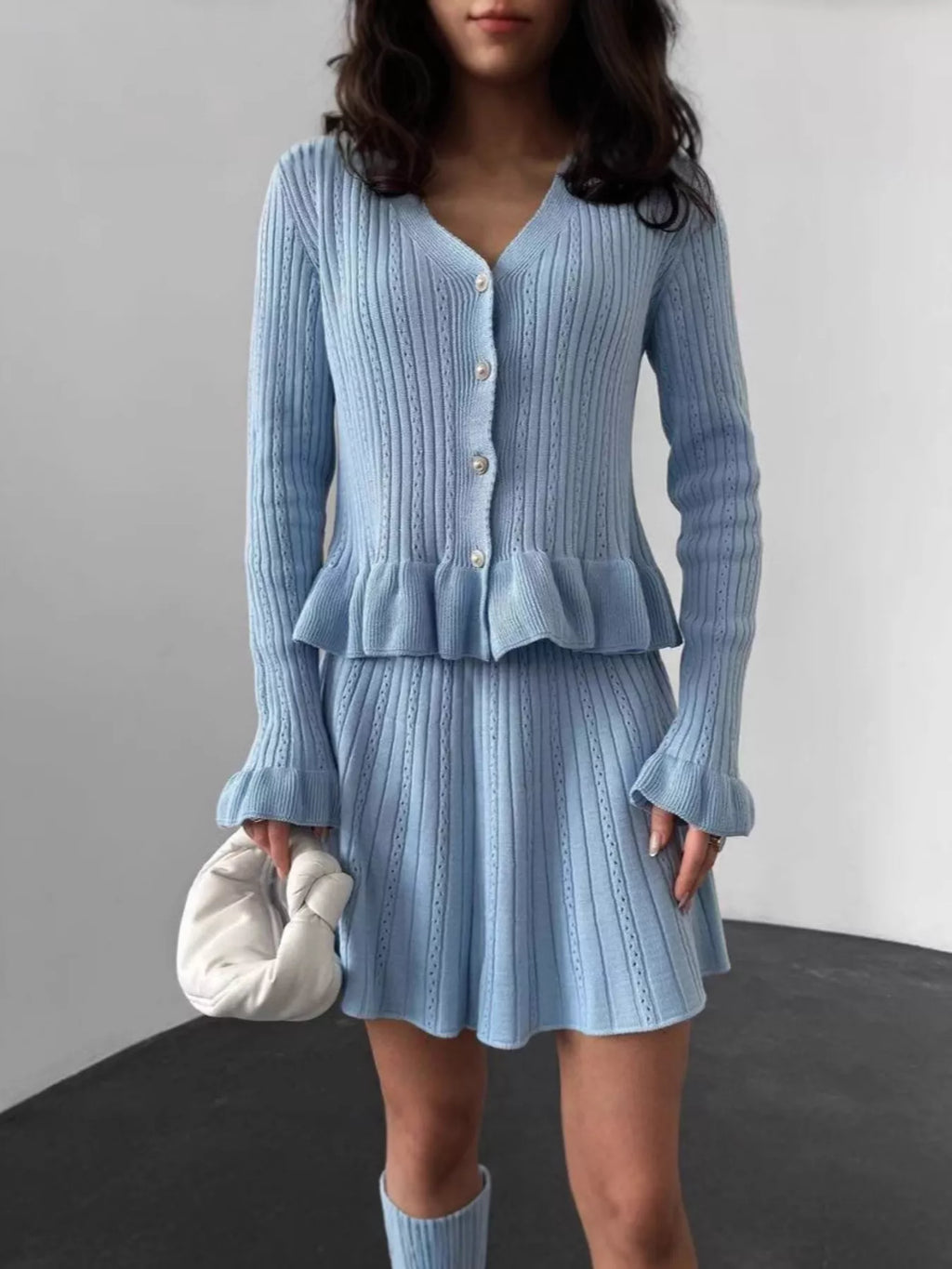 Ruffle Trim Knit Cardigan & Skirt Set