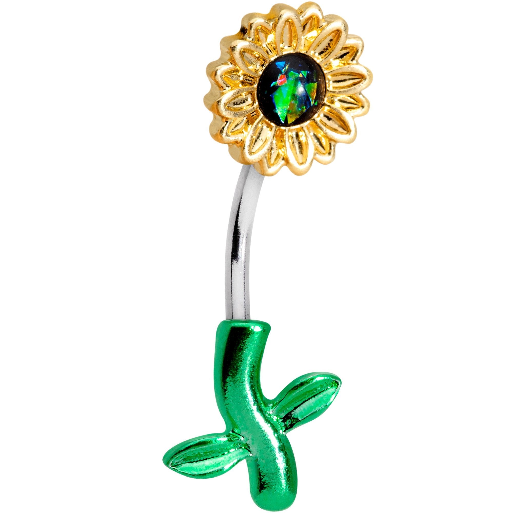 BodyCandy Green Faux Opal Yellow Sunflower Leaf Double Mount Belly Ring — main product shot