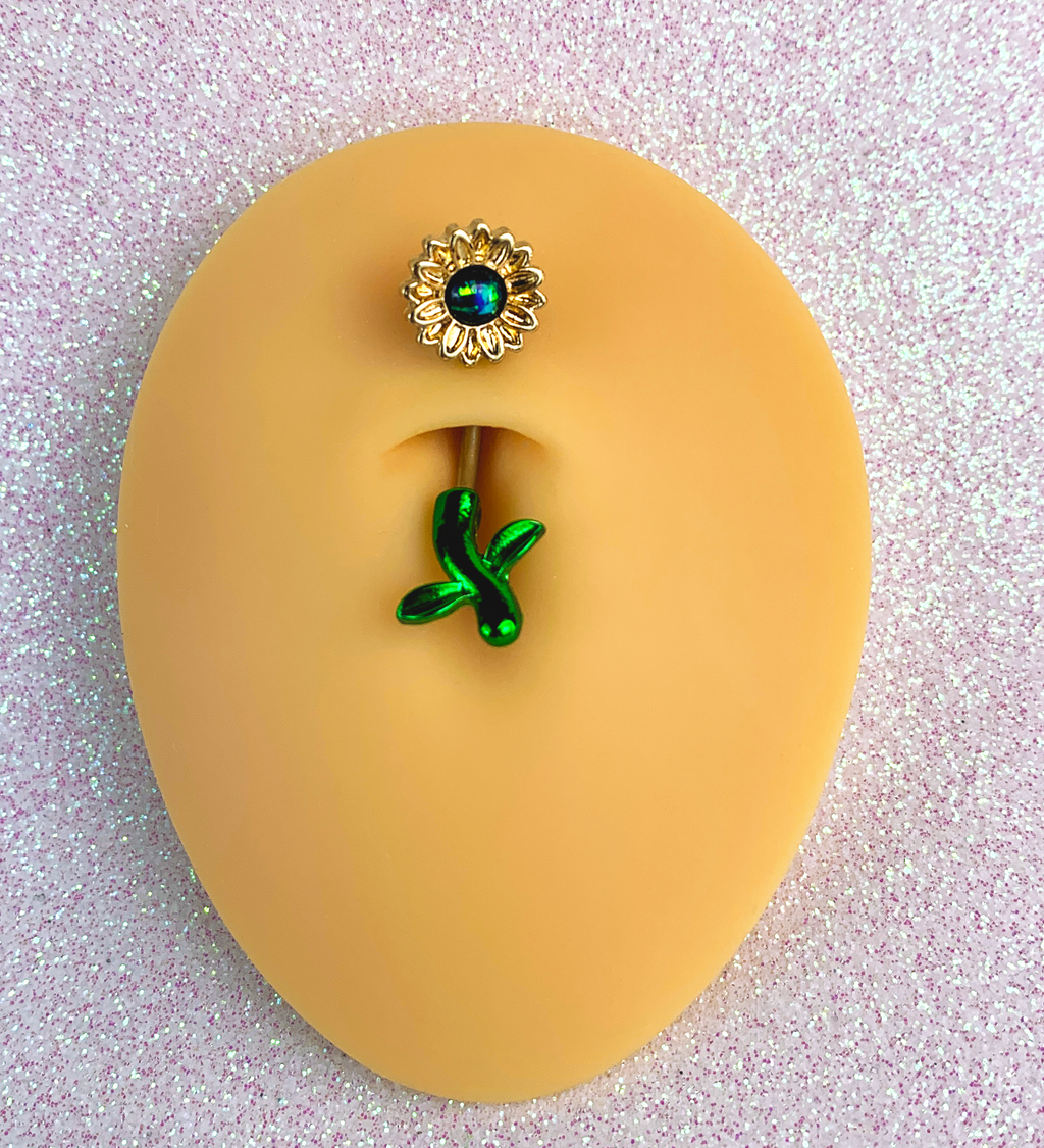 BodyCandy Green Faux Opal Yellow Sunflower Leaf Double Mount Belly Ring — detail and construction