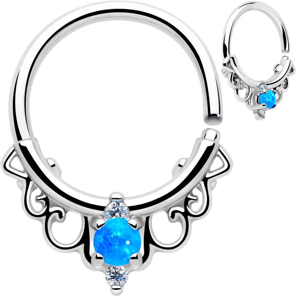 BodyCandy 16G 3/8 Blue Synthetic Opal Filigree Seamless Circular Ring — detail and construction
