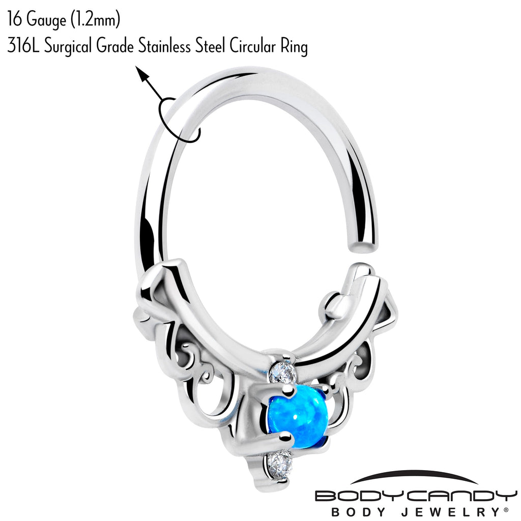 BodyCandy 16G 3/8 Blue Synthetic Opal Filigree Seamless Circular Ring — branding close-up
