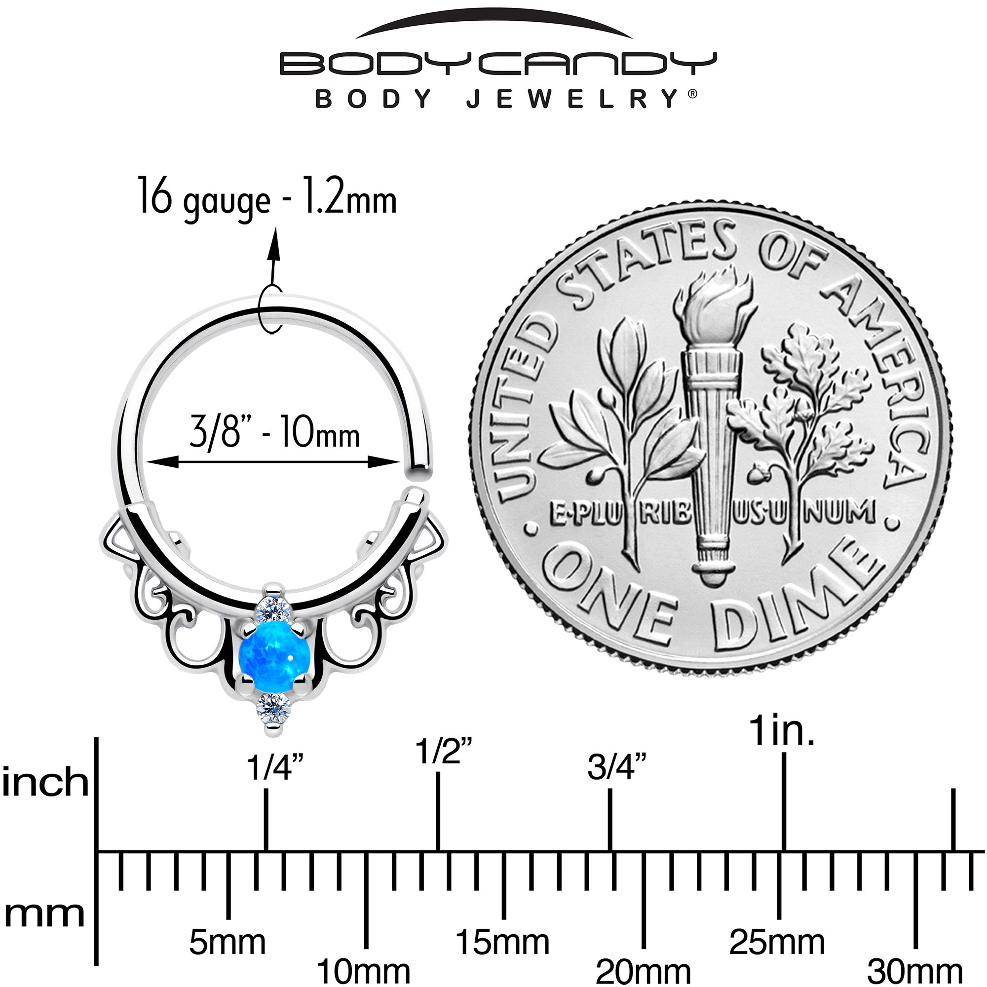 BodyCandy 16G 3/8 Blue Synthetic Opal Filigree Seamless Circular Ring — alternate view