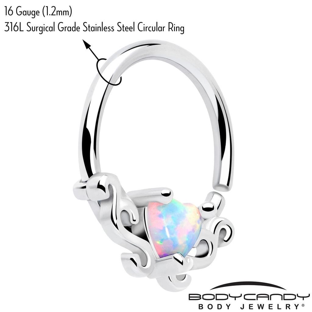 BodyCandy 16G 5/16 White Synthetic Opal Bold Heart Seamless Circular Ring — branding close-up