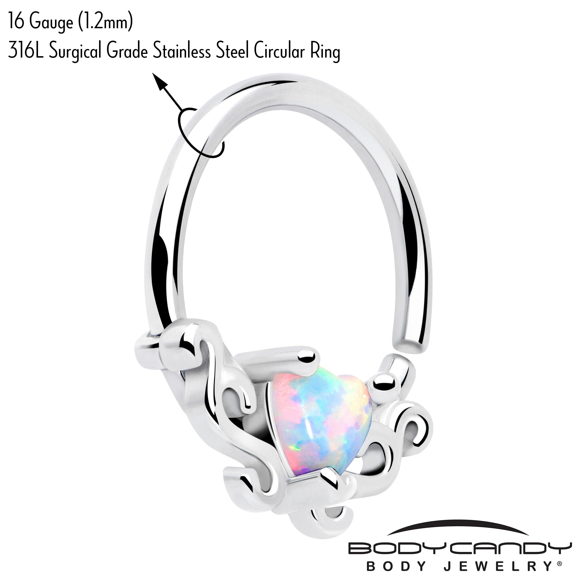 BodyCandy 16G 5/16 White Synthetic Opal Bold Heart Seamless Circular Ring — branding close-up