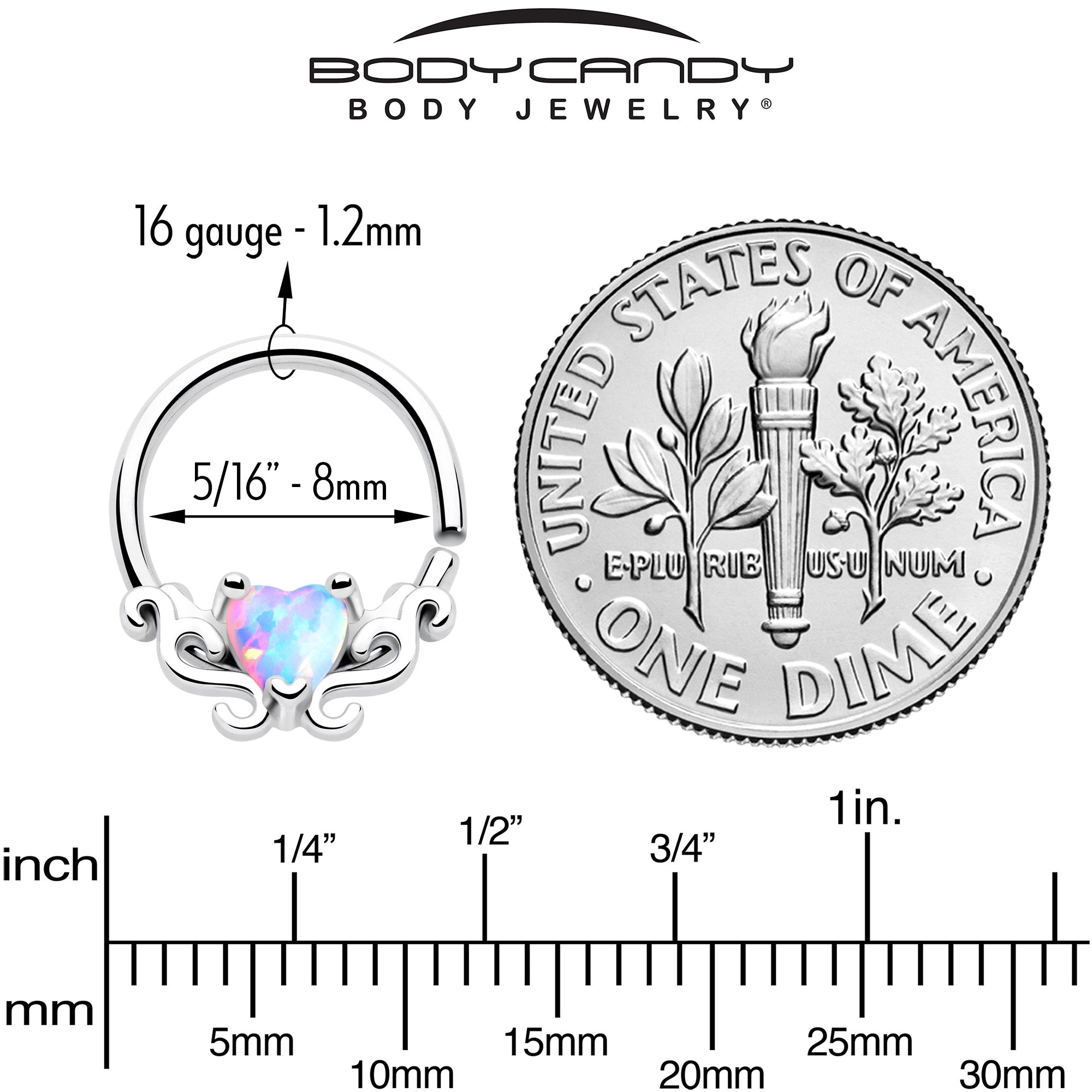 BodyCandy 16G 5/16 White Synthetic Opal Bold Heart Seamless Circular Ring — alternate view