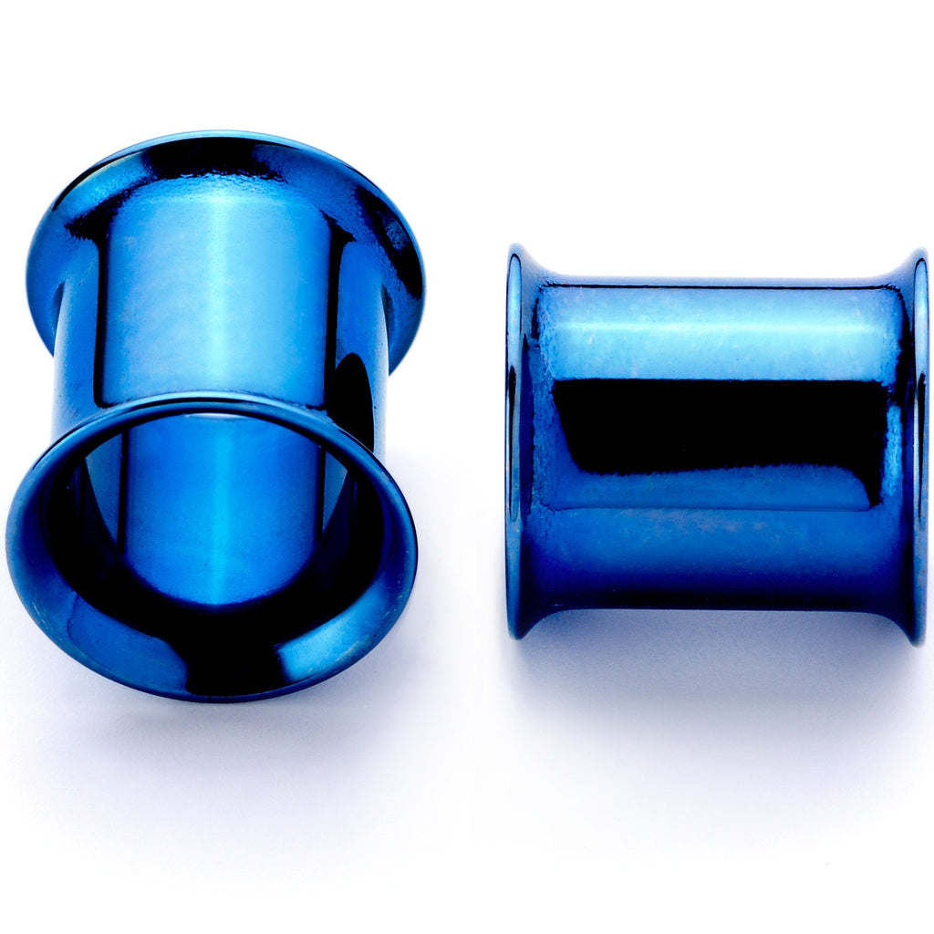 BodyCandy Blue Anodized Steel Double Flare Tunnel Plug Set 4mm to 16mm — detail close-up