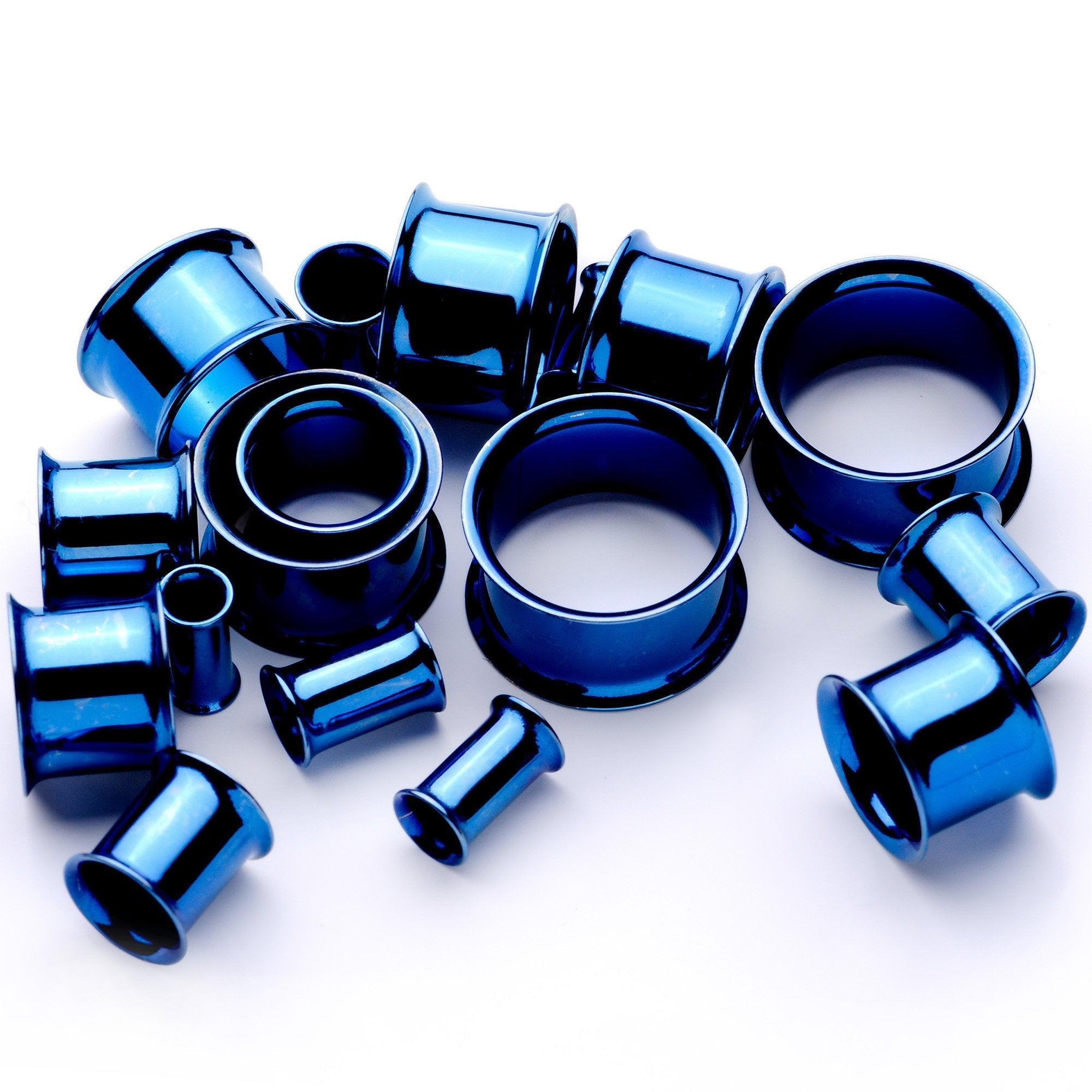 BodyCandy Blue Anodized Steel Double Flare Tunnel Plug Set 4mm to 16mm — side view