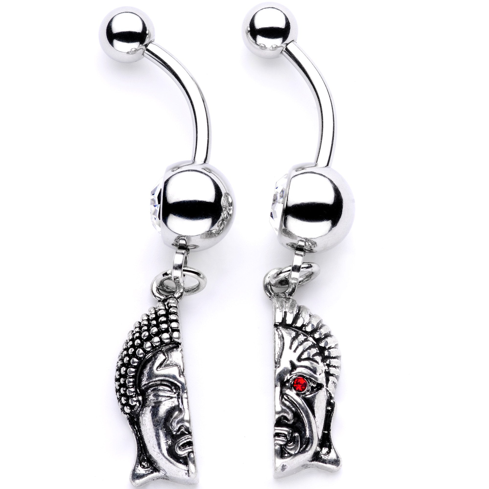 BodyCandy Red CZ Gem Android Buddha BFF Dangle Belly Ring Set of 2 — detail and construction