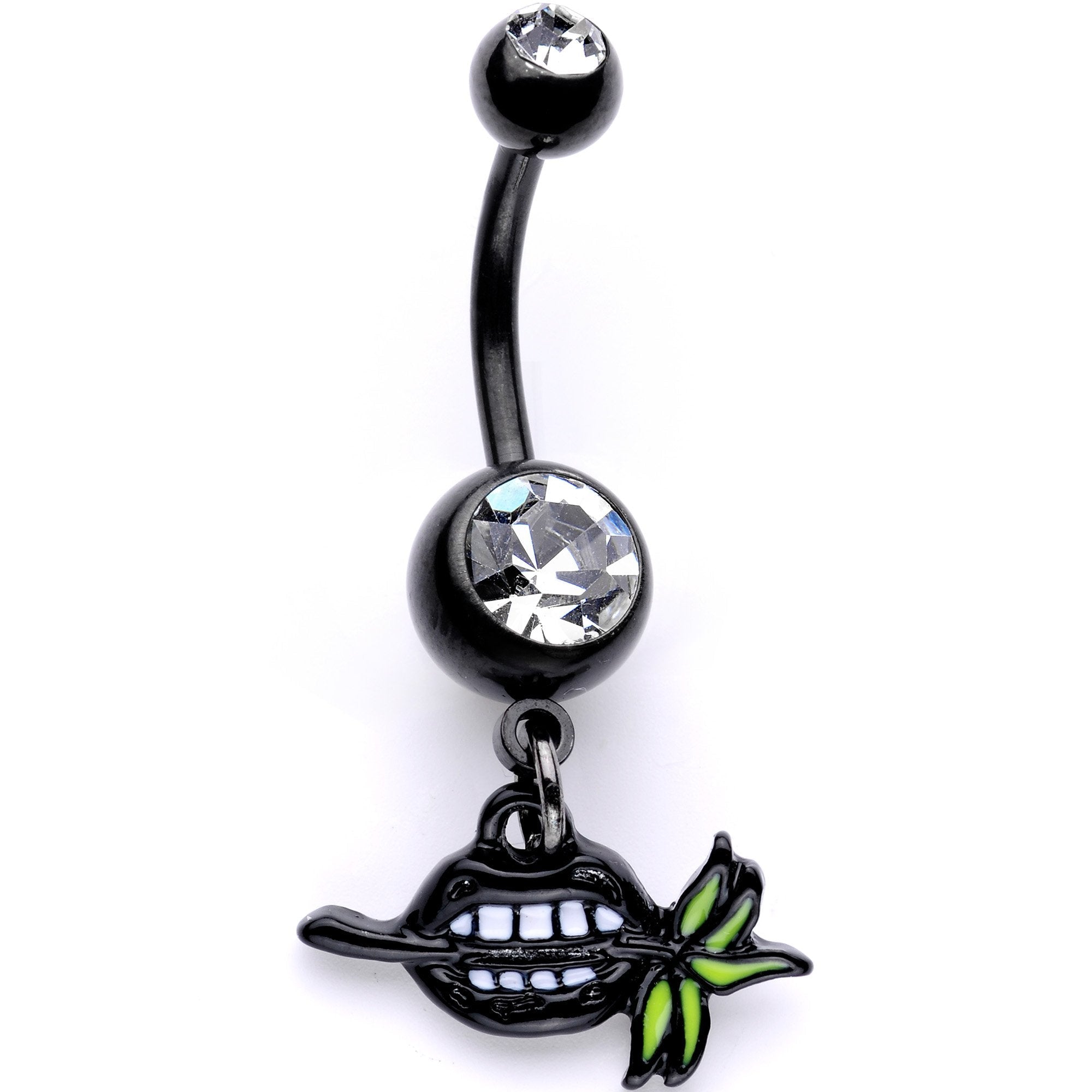 BodyCandy Clear Gem Black Anodized Black Lips of Death Dangle Belly Ring — main product shot