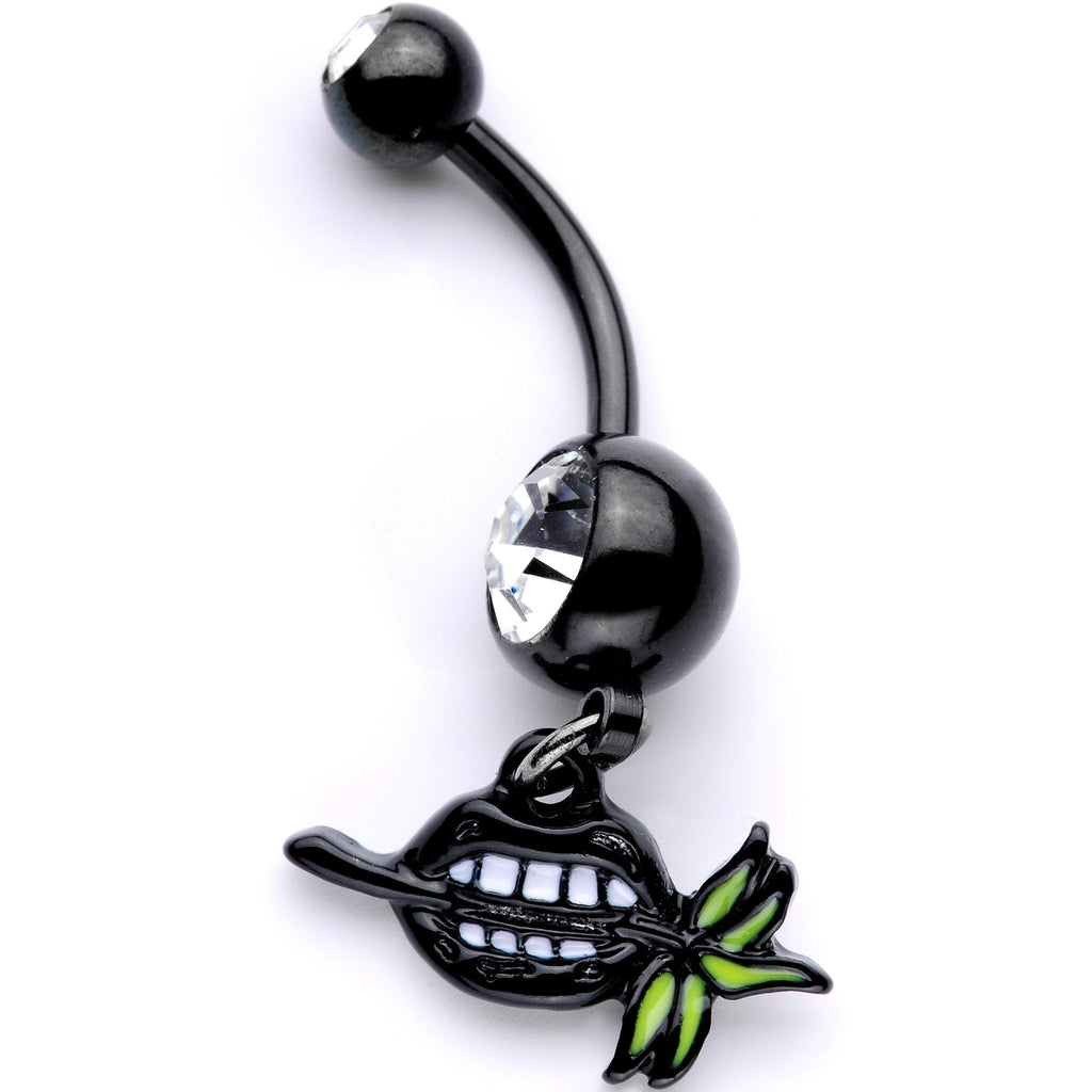 BodyCandy Clear Gem Black Anodized Black Lips of Death Dangle Belly Ring — detail and construction