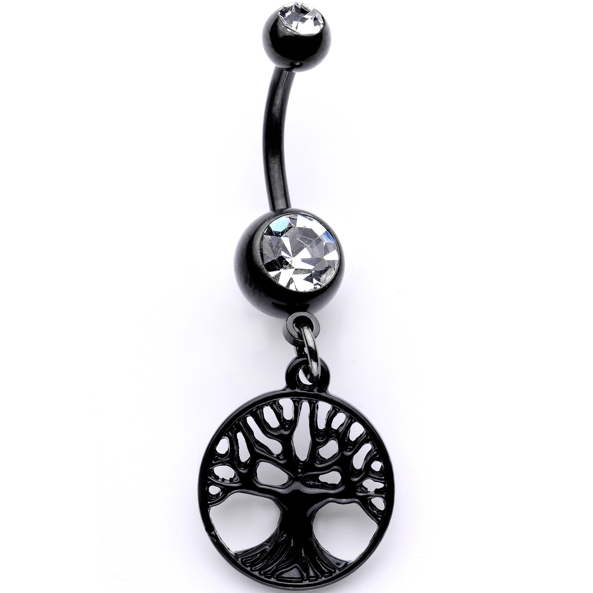 BodyCandy Clear Gem Black Anodized Tree of Life Charm Dangle Belly Ring — main product shot
