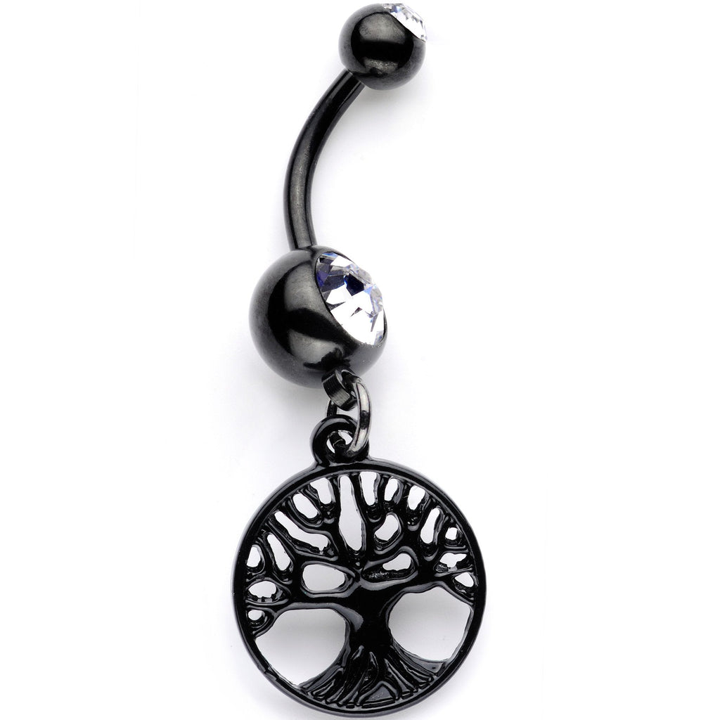 BodyCandy Clear Gem Black Anodized Tree of Life Charm Dangle Belly Ring — detail and construction