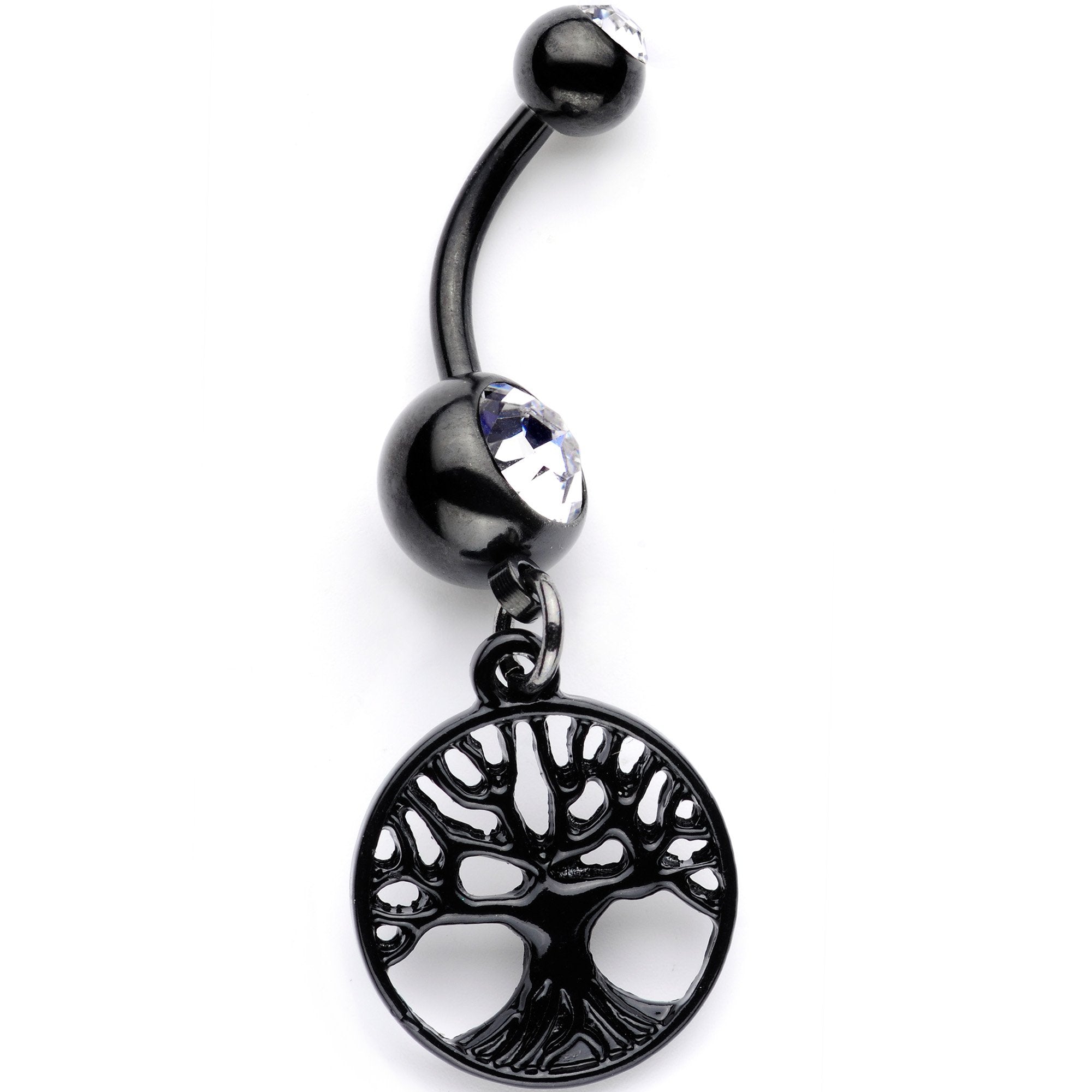 BodyCandy Clear Gem Black Anodized Tree of Life Charm Dangle Belly Ring — detail and construction