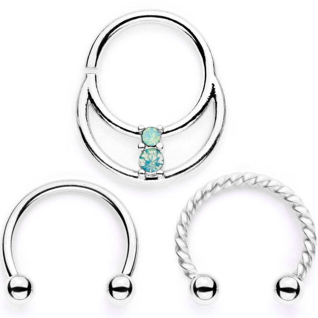 BodyCandy 16G 3/8 Teal Faux Opal Twisted Horseshoe Closure Ring Set — main product shot