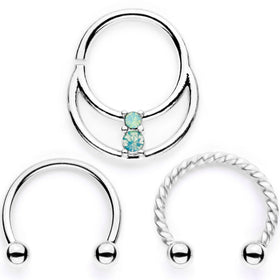 16G 3/8 Teal Faux Opal Twisted Horseshoe Closure Ring Set
