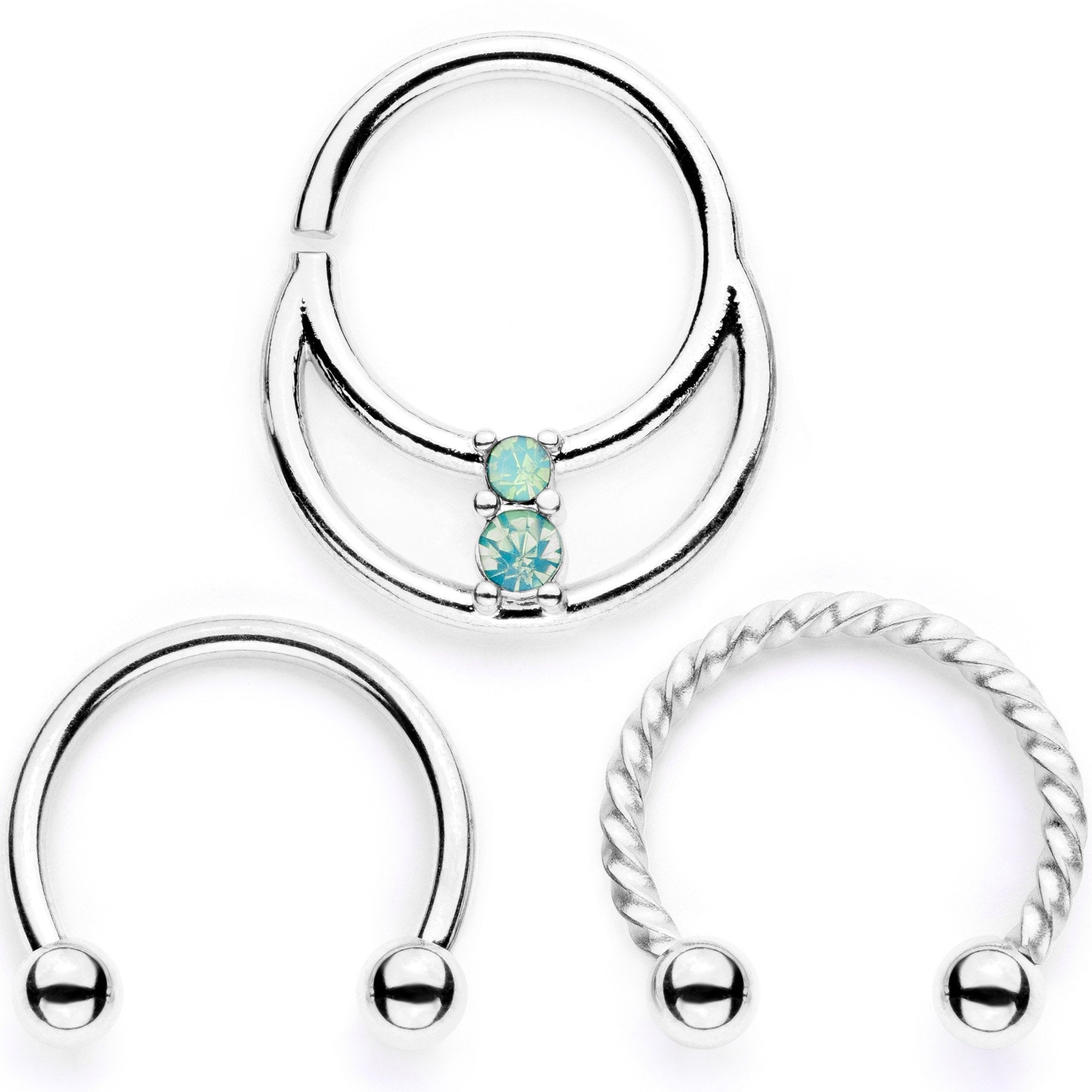 BodyCandy 16G 3/8 Teal Faux Opal Twisted Horseshoe Closure Ring Set — main product shot