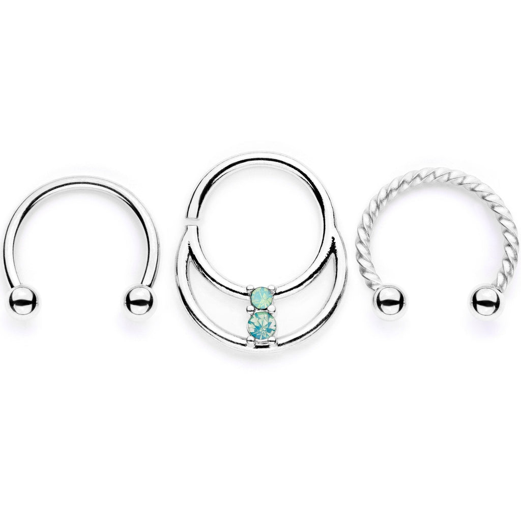 BodyCandy 16G 3/8 Teal Faux Opal Twisted Horseshoe Closure Ring Set — detail and construction