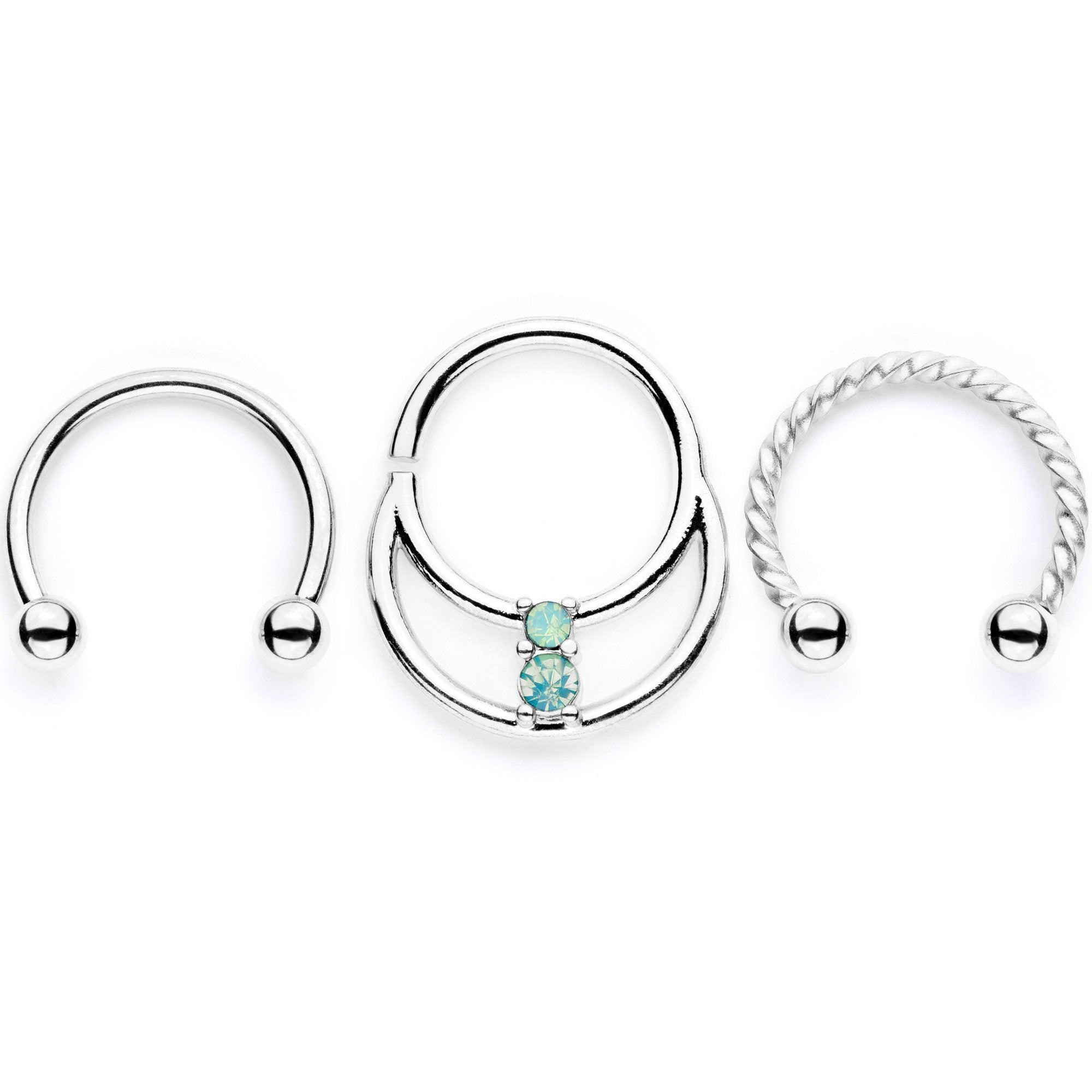 BodyCandy 16G 3/8 Teal Faux Opal Twisted Horseshoe Closure Ring Set — detail and construction
