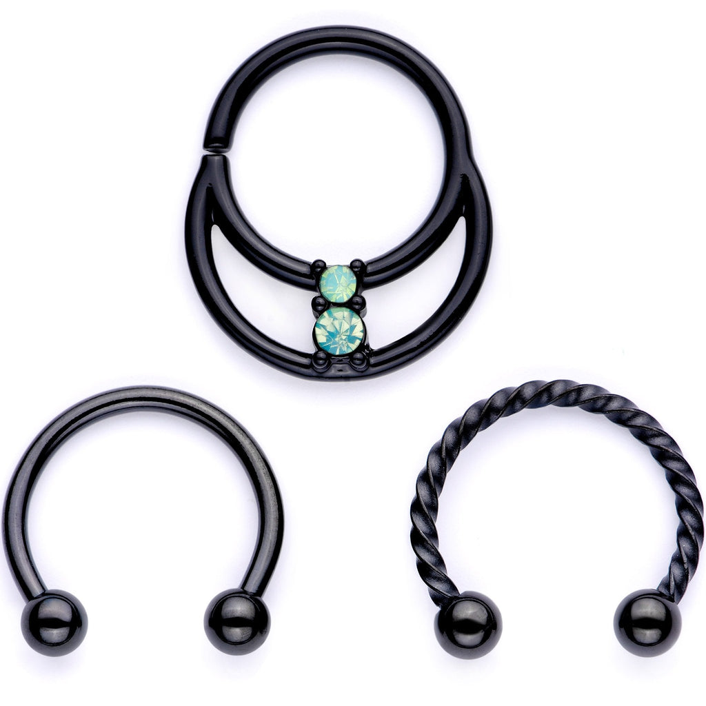 BodyCandy 16G 3/8 Teal Faux Opal Black Anodized Horseshoe Closure Ring Set — main product shot
