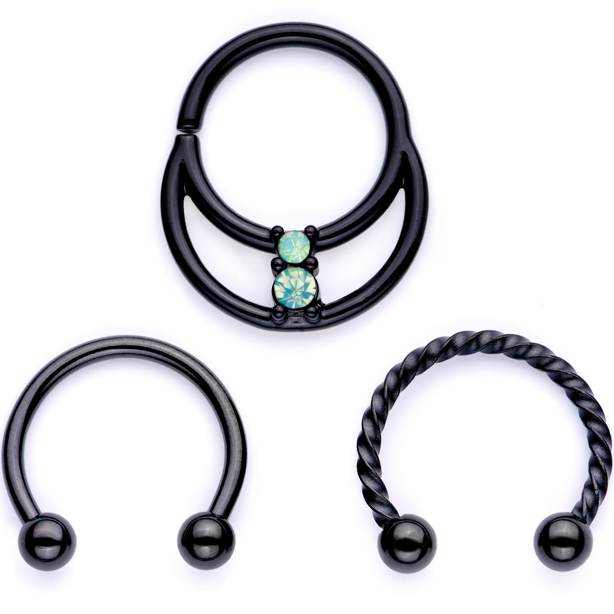 BodyCandy 16G 3/8 Teal Faux Opal Black Anodized Horseshoe Closure Ring Set — main product shot