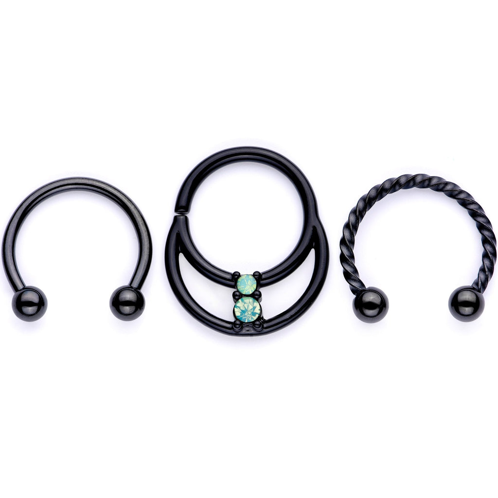 BodyCandy 16G 3/8 Teal Faux Opal Black Anodized Horseshoe Closure Ring Set — detail and construction