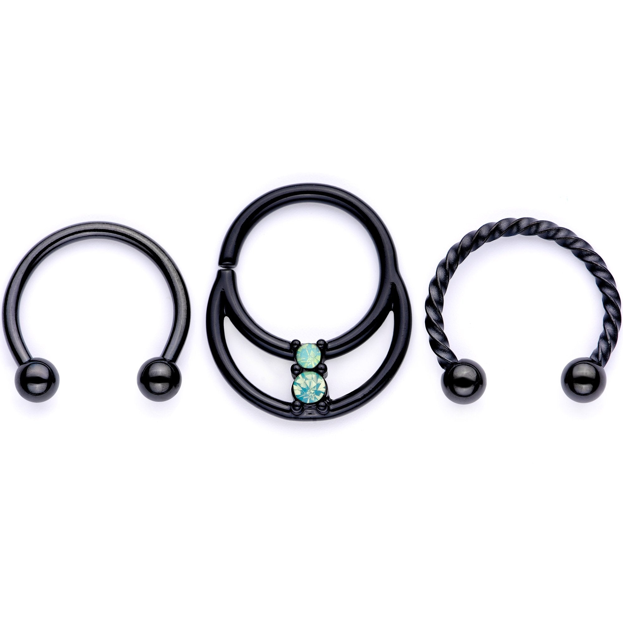 BodyCandy 16G 3/8 Teal Faux Opal Black Anodized Horseshoe Closure Ring Set — detail and construction