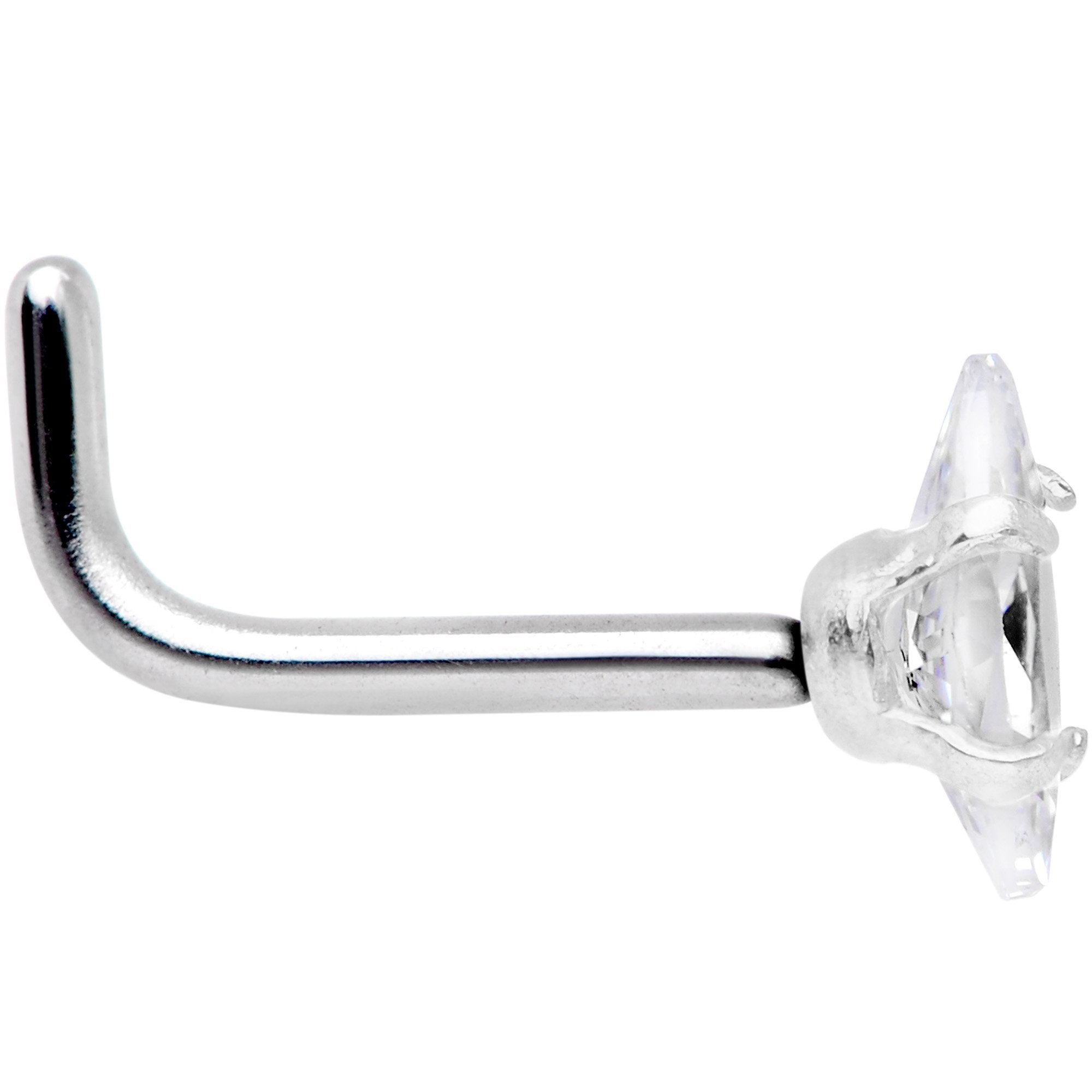 BodyCandy 18G 1/4 Clear CZ Gem Ellipse L Shape Nose Ring — detail and construction