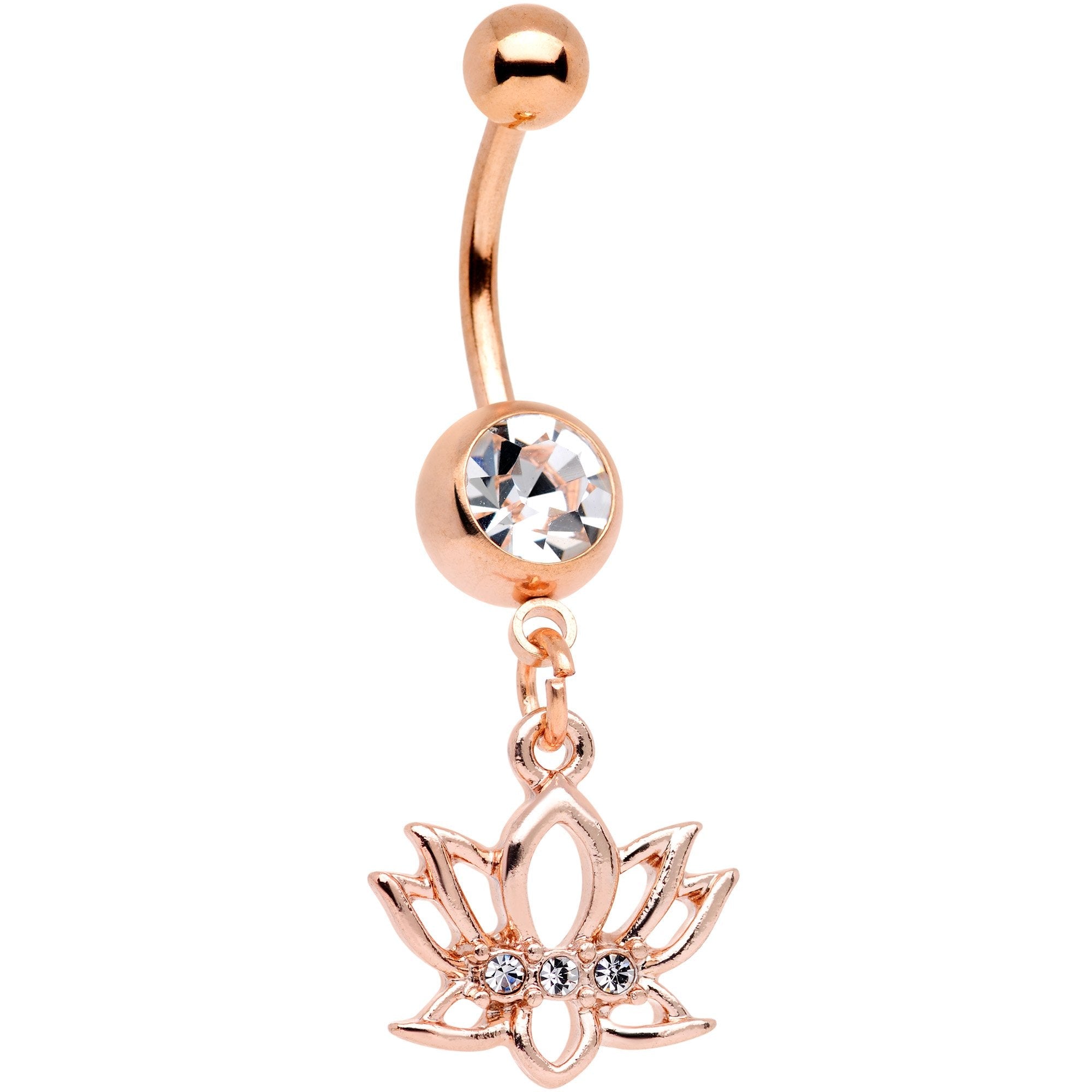 BodyCandy Clear Gem Rose Gold Tone Live Love Lotus Flower Dangle Belly Ring — main product shot